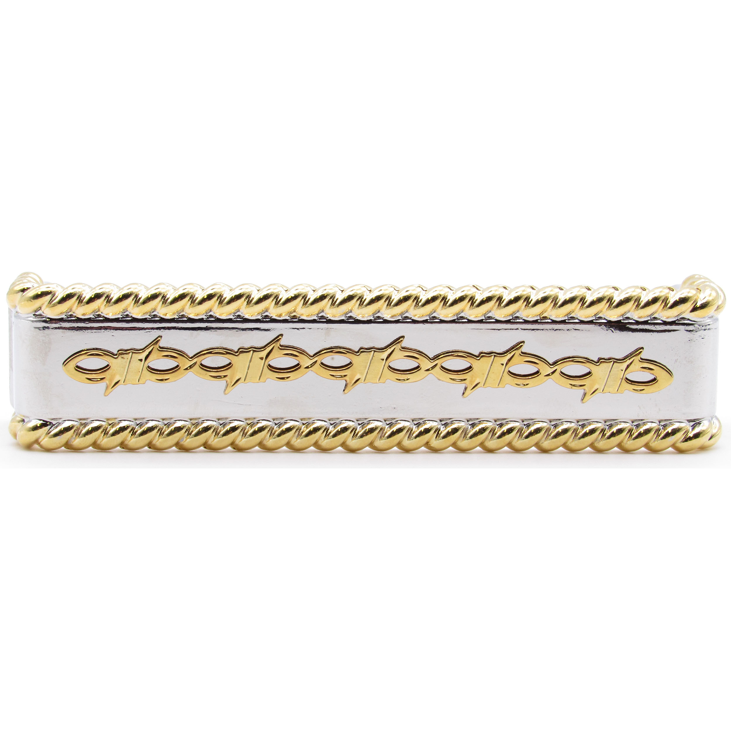 product: Buck Snort Lodge Barbed Wire with Roped Edge Pull, Nickel/Gold shown