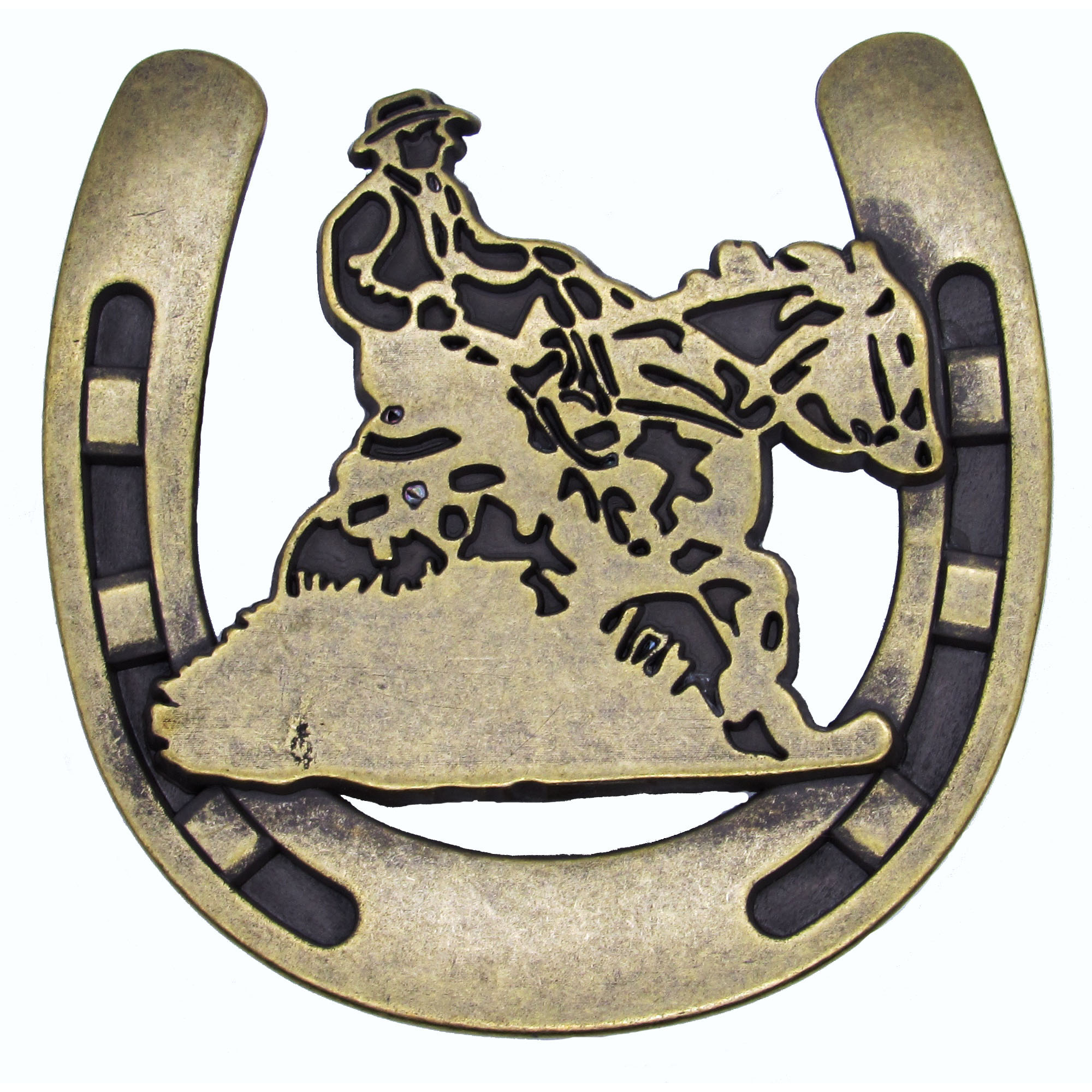 product: Buck Snort Lodge Riding Cowboy Horseshoe Knob, Brass Oxide shown
