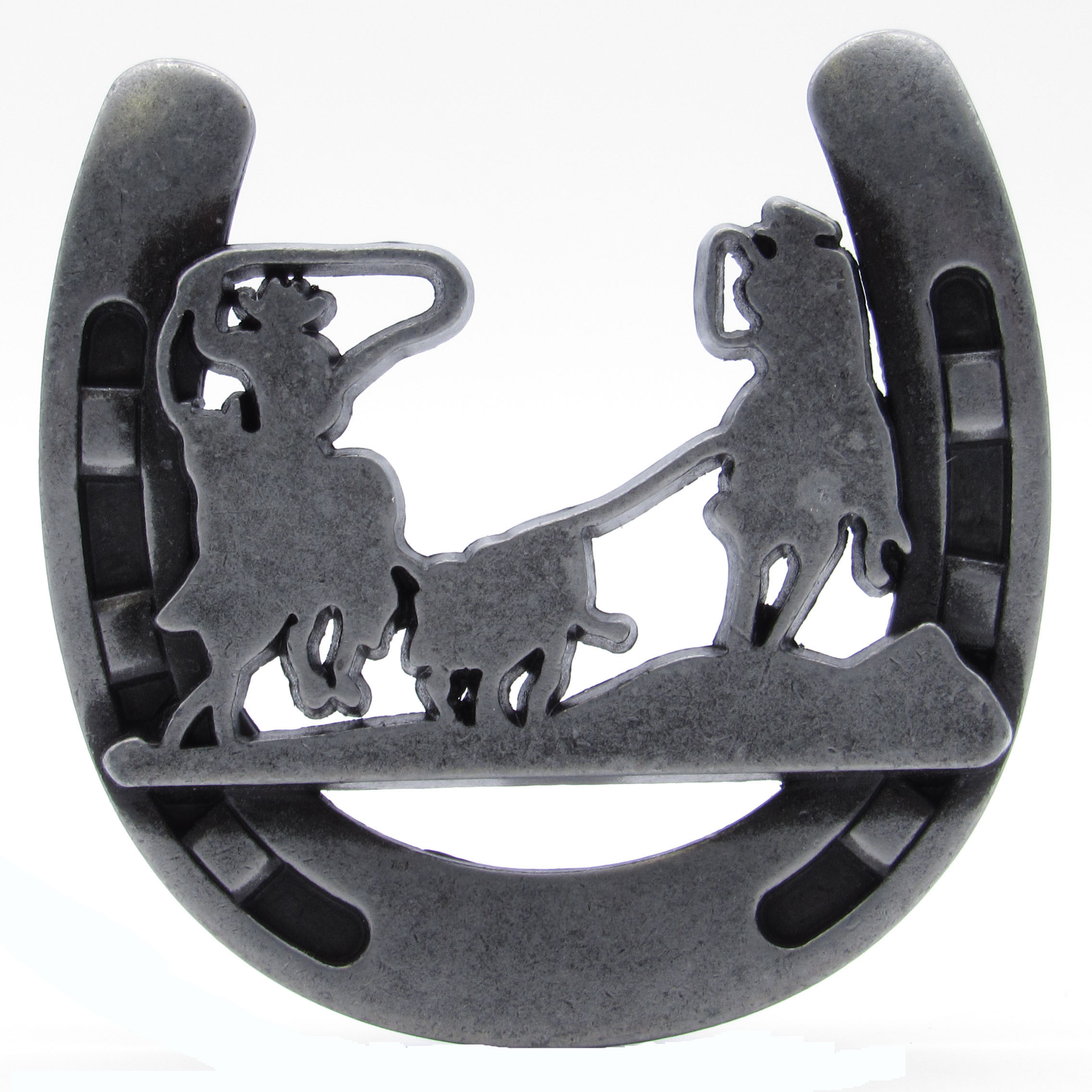 product: Buck Snort Lodge Cowboys Roping Calf Horseshoe Knob, Pewter Oxide shown