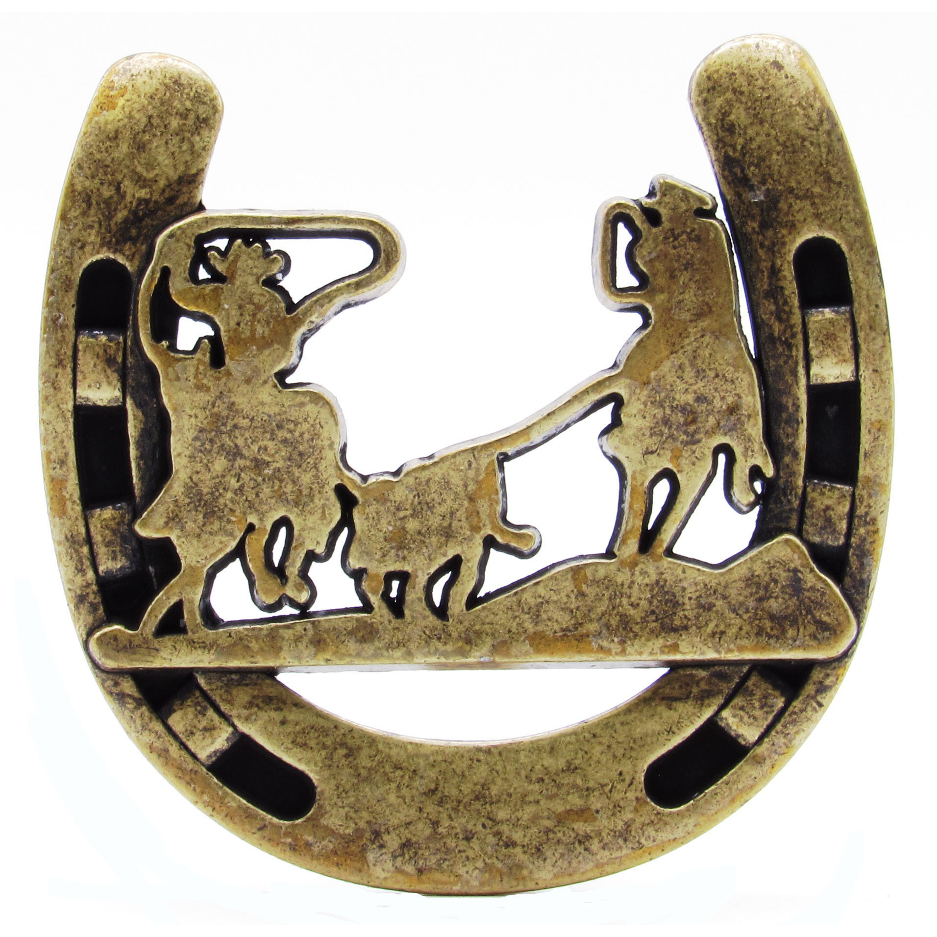product: Buck Snort Lodge Cowboys Roping Calf Horseshoe Knob, Brass Oxide shown
