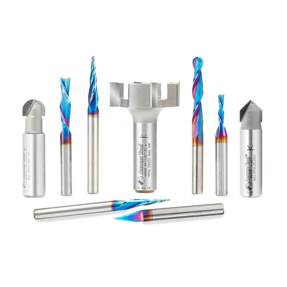 product: Axiom 9-piece Spektra CNC Bit Set for Axiom AutoRouter by Amana Tool shown