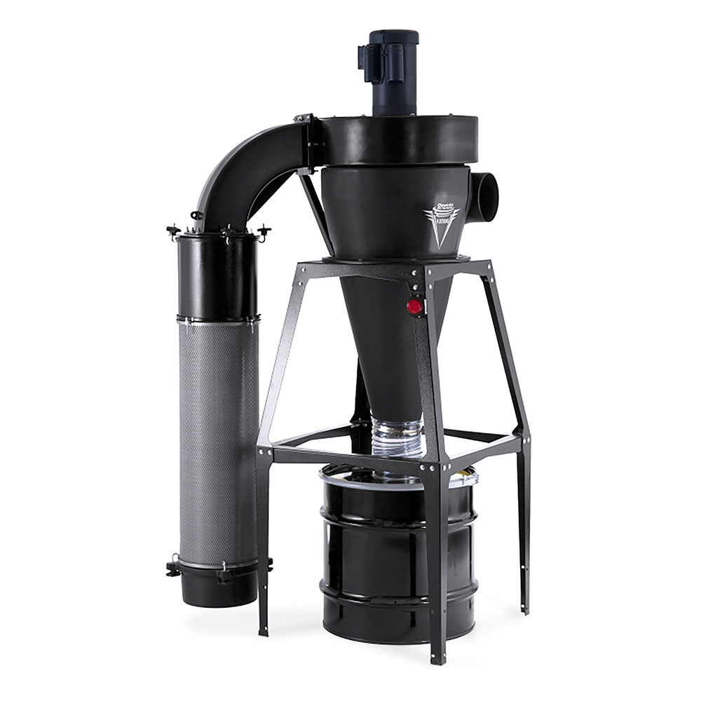 product: Oneida Air Systems V-System 3000 35-Gallon Cyclone Dust Collector with Stand - HEPA GFM - 3 HP 1 Ph 230V shown