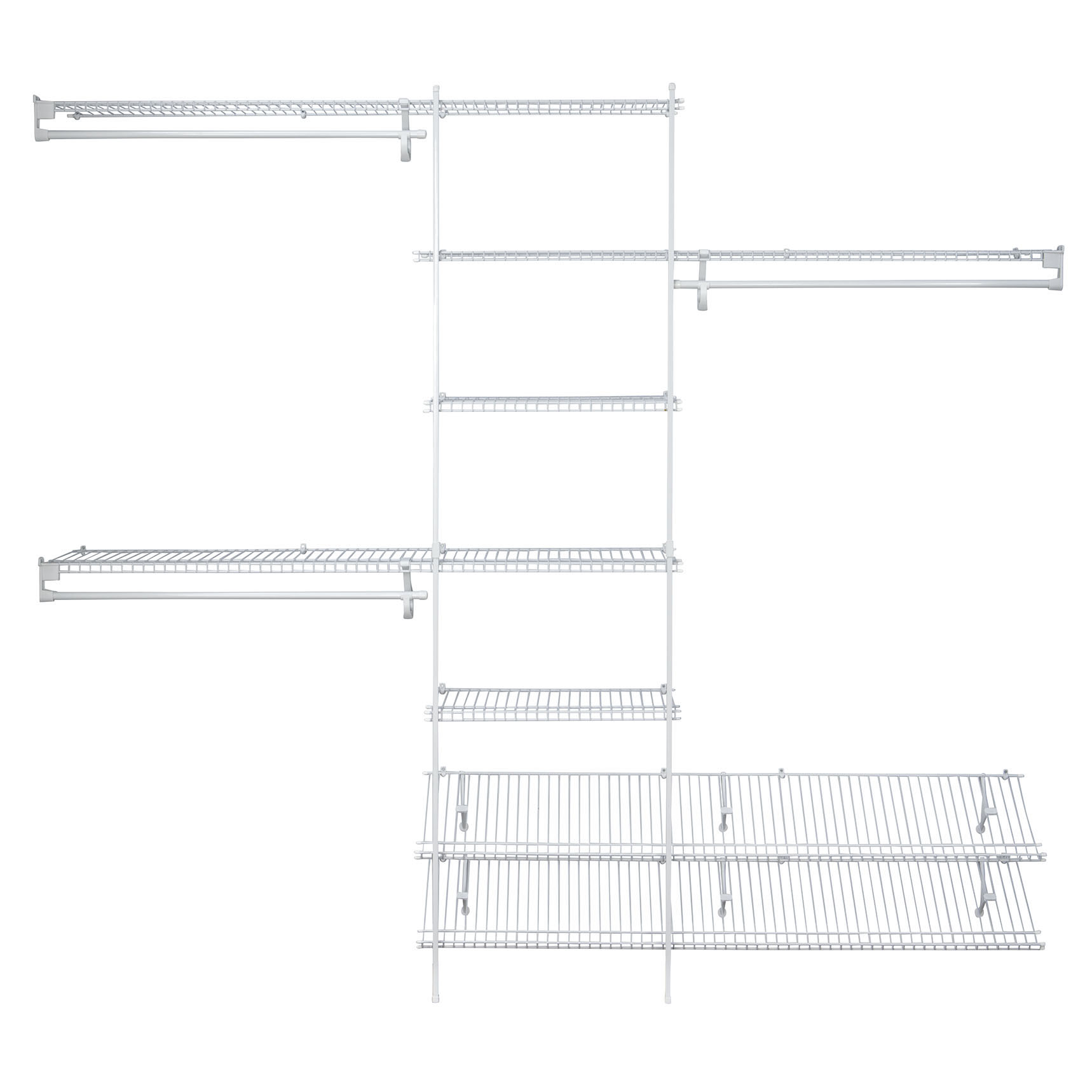 product: ClosetMaid SuperSlide Closet Organizer Kit with Shoe Shelf 5' - 8' W Fixed Mount, White shown