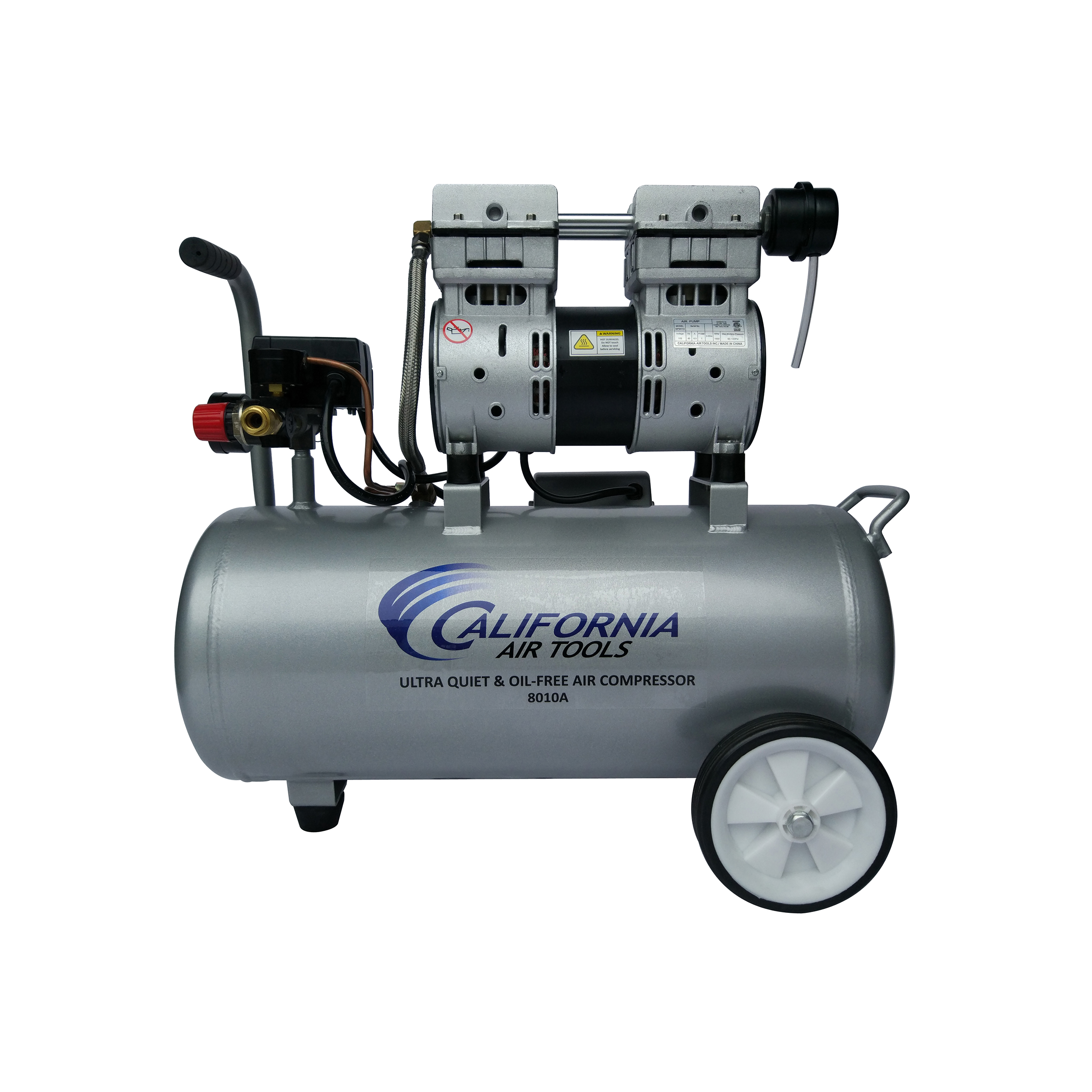 product: California Air Tools 1HP 8 Gallon Oil-Free Aluminum Tank Air Compressor shown