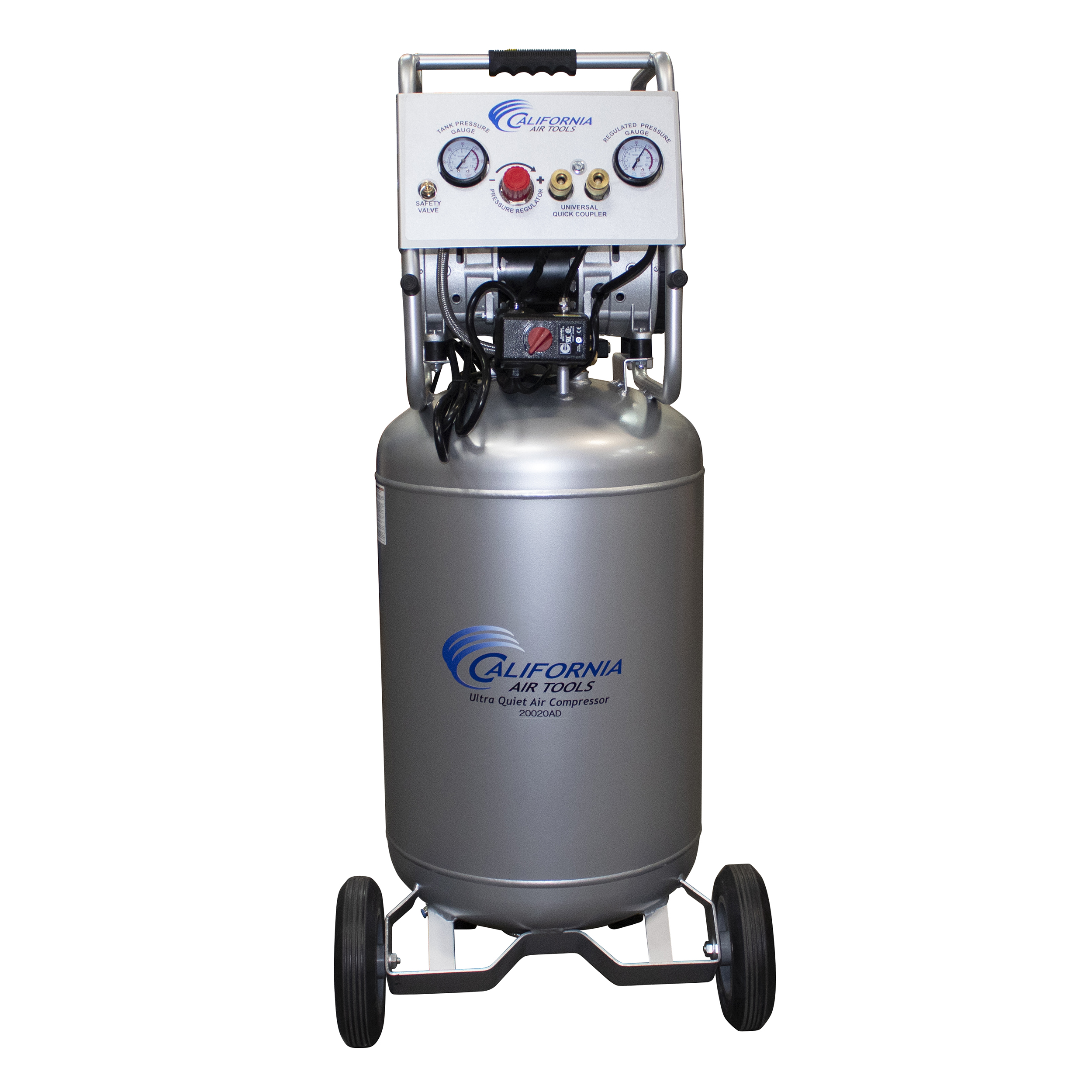 product: California Air Tools 2HP 220V 20 Gallon Oil-Free Steel Tank Air Compressor with Auto Drain Valve shown