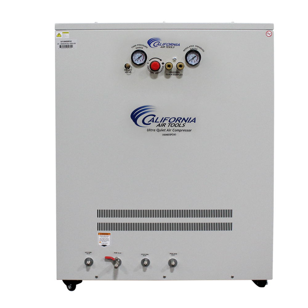product: California Air Tools 4HP 20 Gallon Oil-Free Compressor with Drying System in Soundproof Cabinet shown