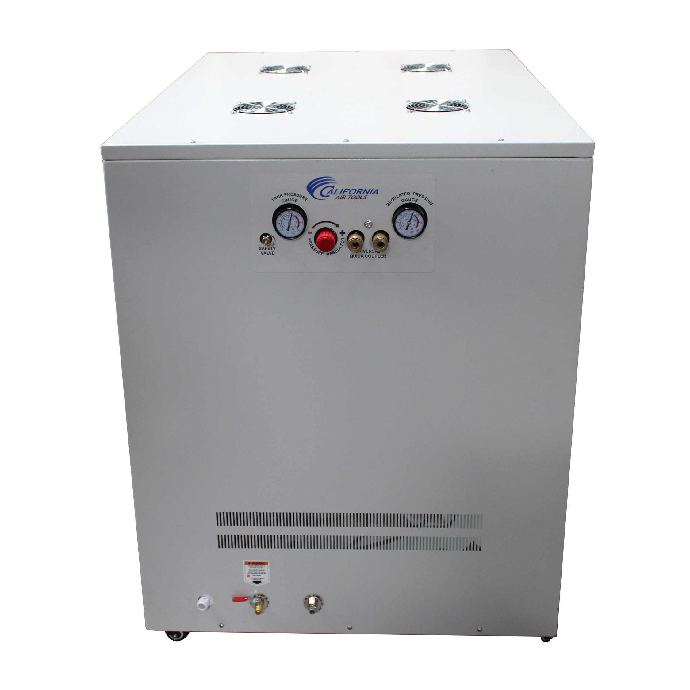 product: California Air Tools 4HP 20 Gallon Oil-Free Compressor with Air Drying System and Auto Drain Valve in Soundproof Cabinet shown