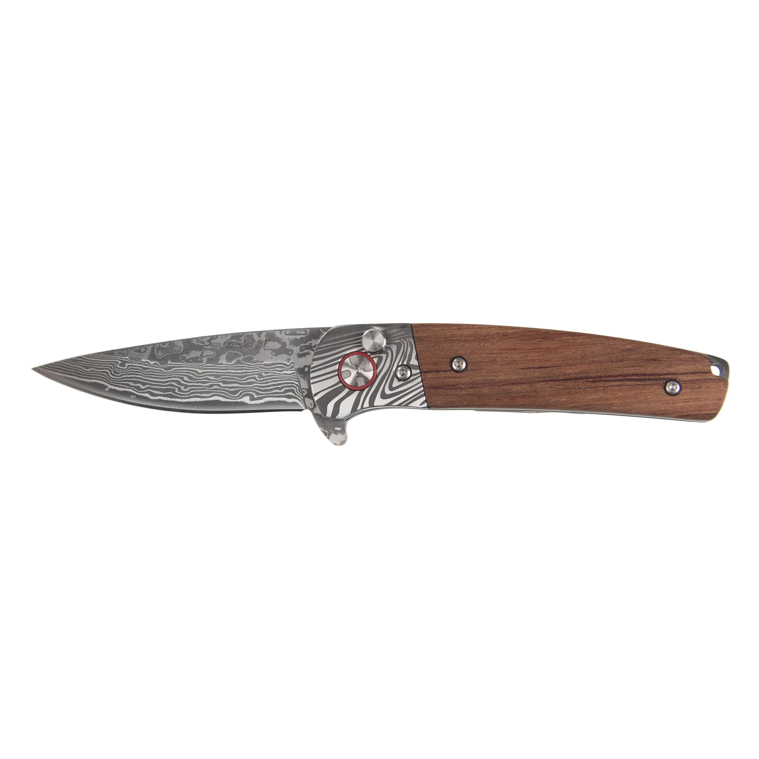 product: Sarge Wildcat - Damascus and Rosewood Folder Knife, Damascus Stainless Steel 2-7/8