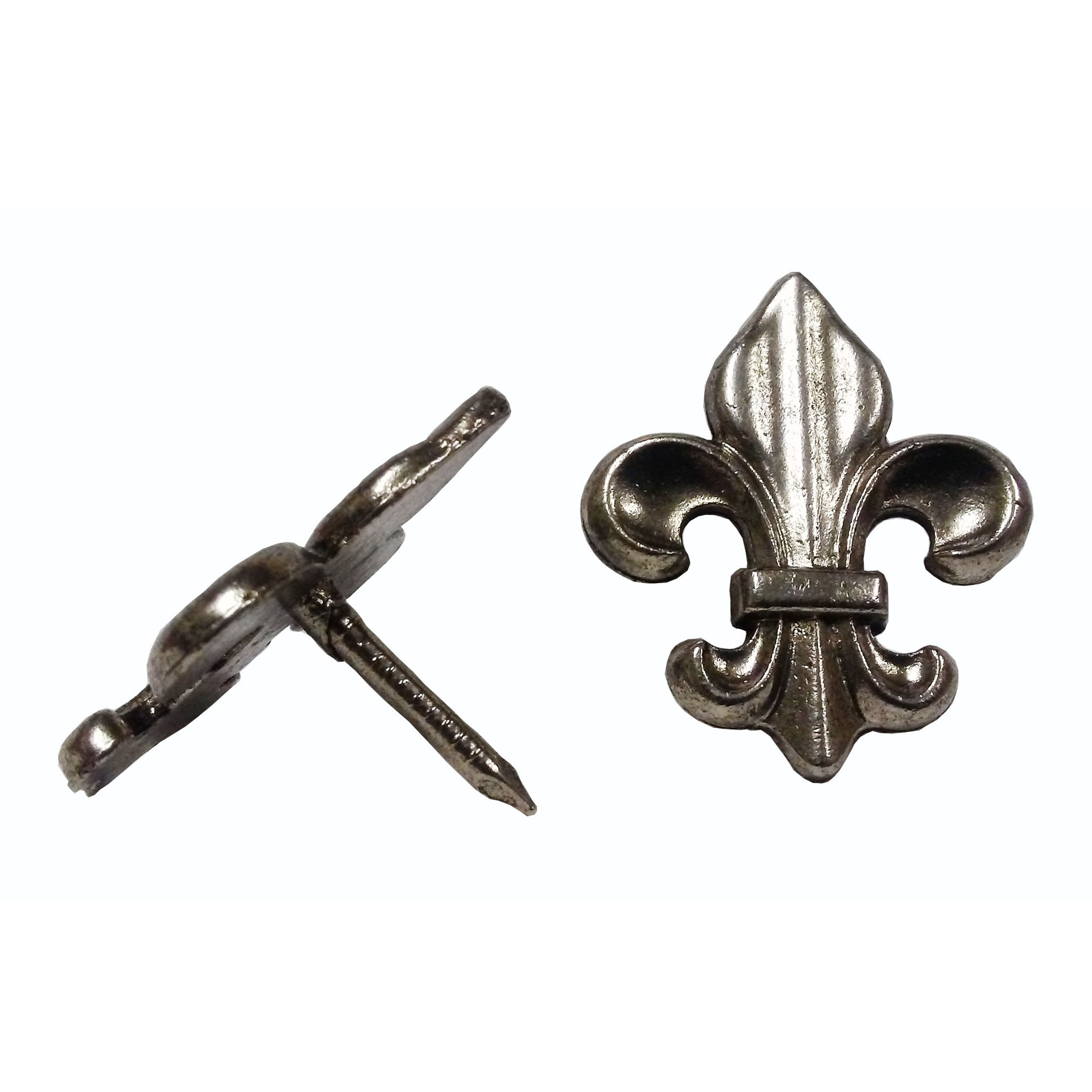 product: Buck Snort Lodge Large Fleur-de-lis Clavo Decorative Nail, 8-Pack, Nickel Oxide shown
