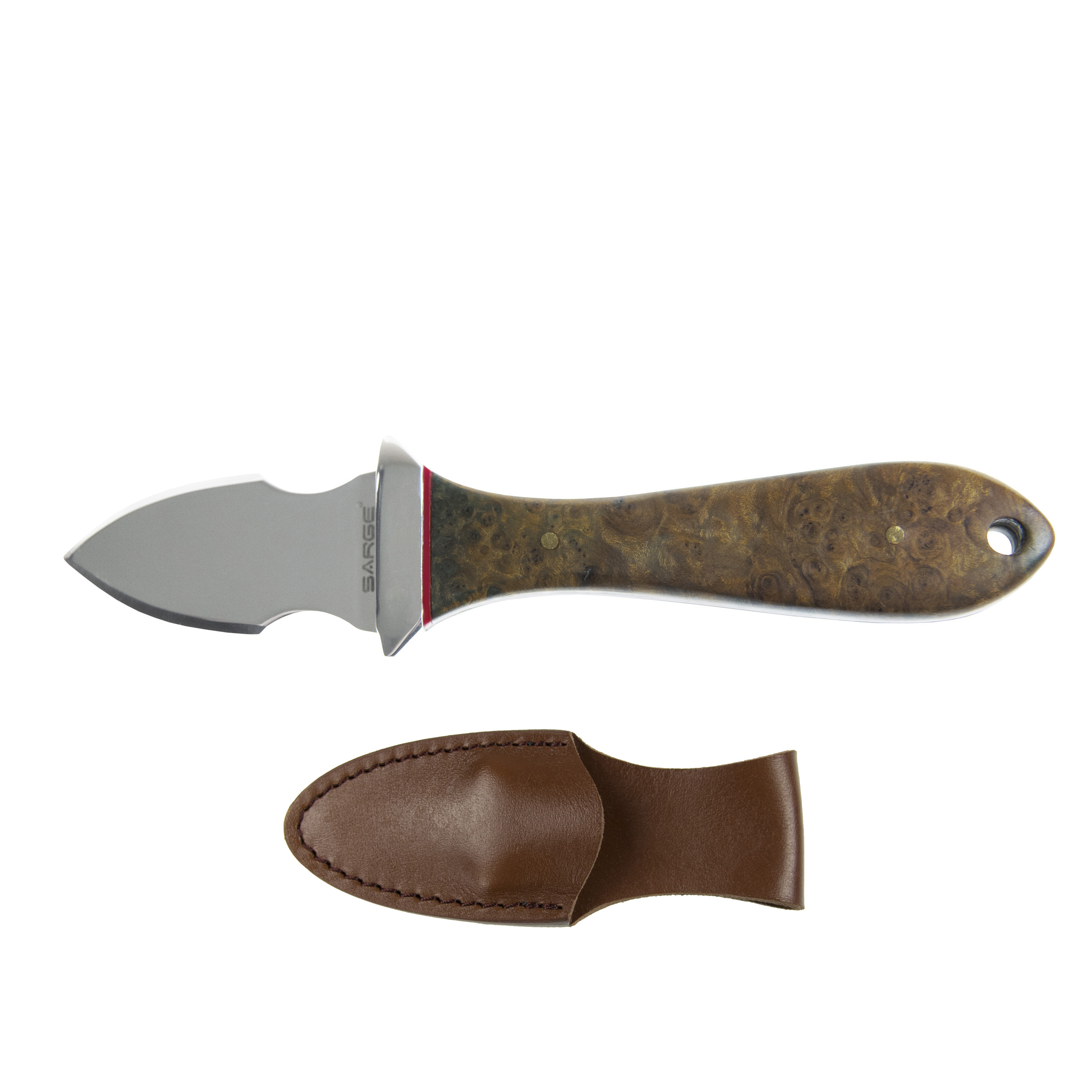 product: Sarge Tide - Maple Burl Oyster Knife, Stainless Steel shown