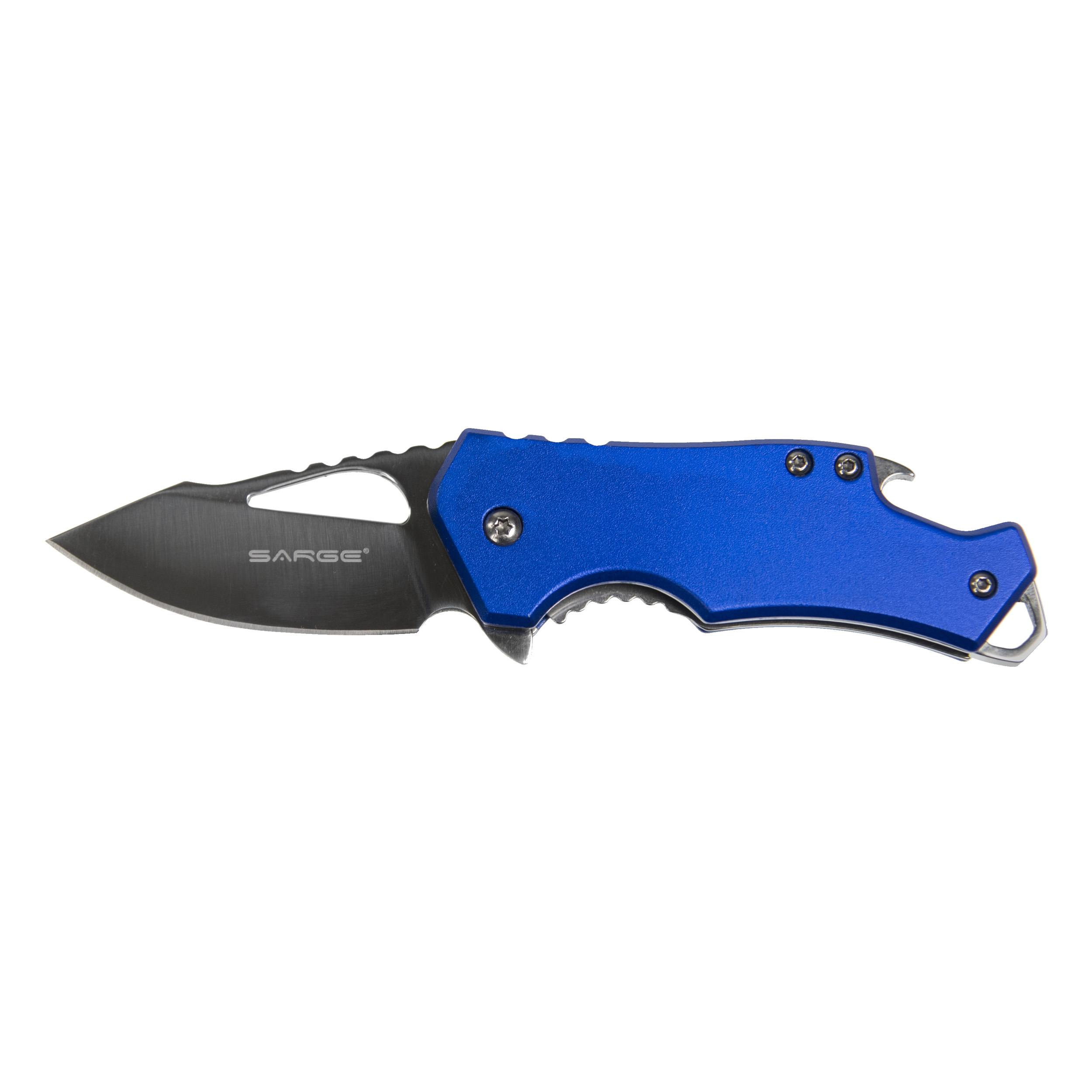 product: Sarge Blue Fuse - Folding Knife and Bottle Opener, Stainless Steel 2-3/8