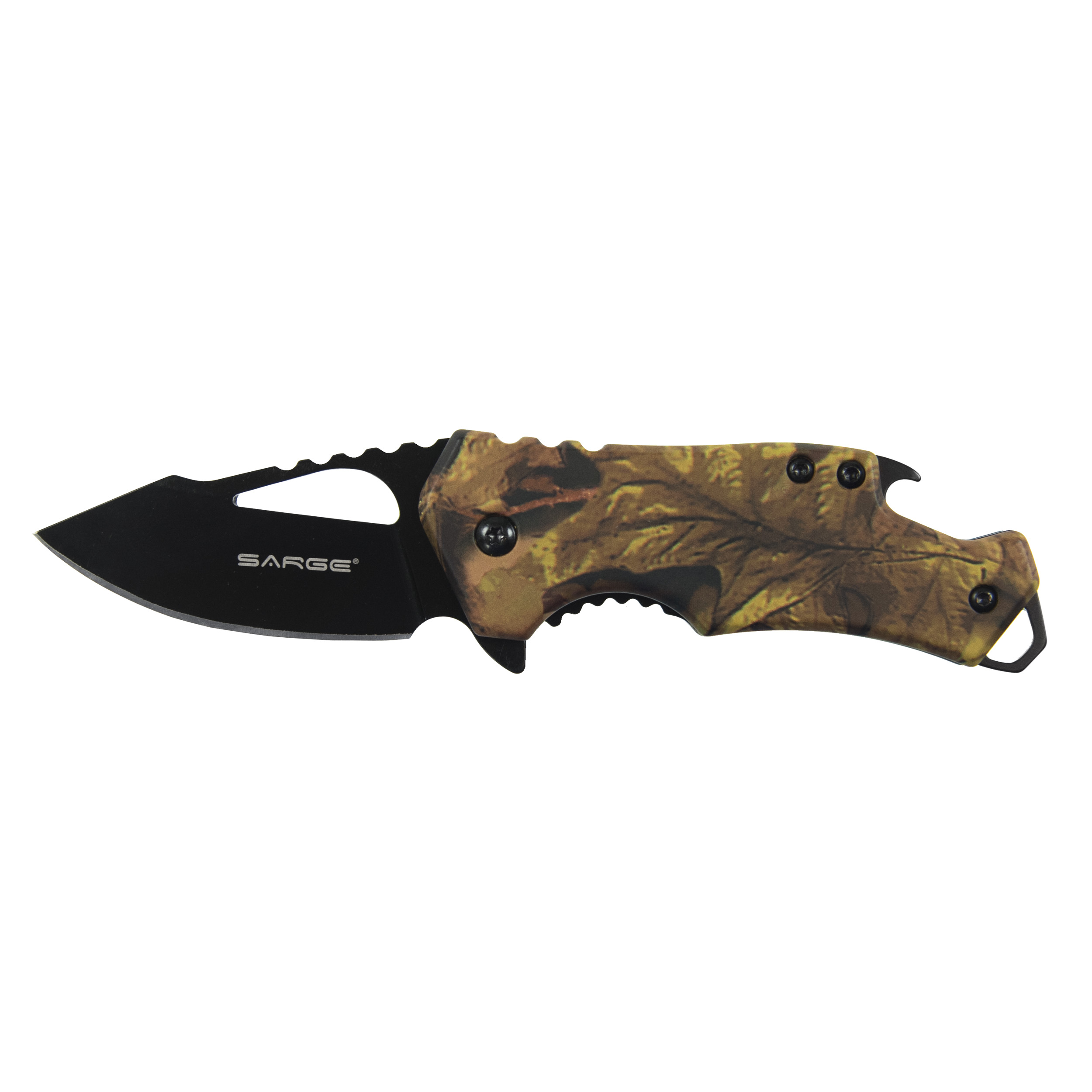 product: Sarge Camo Fuse - Folding Knife and Bottle Opener, Stainless Steel 2-3/8
