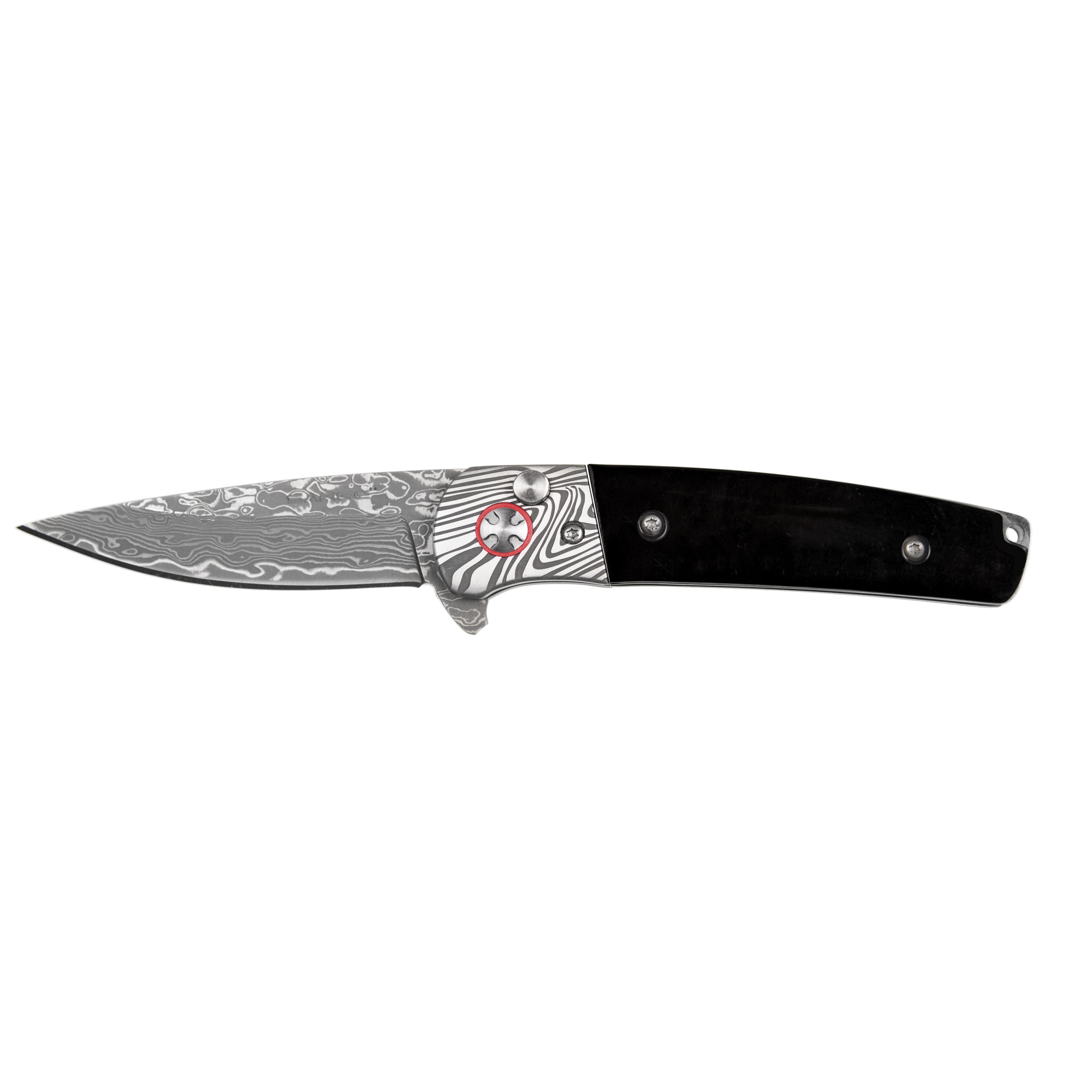 product: Sarge Falcon - Damascus and Buffalo Horn Folder Knife, Stainless Damascus 2-7/8