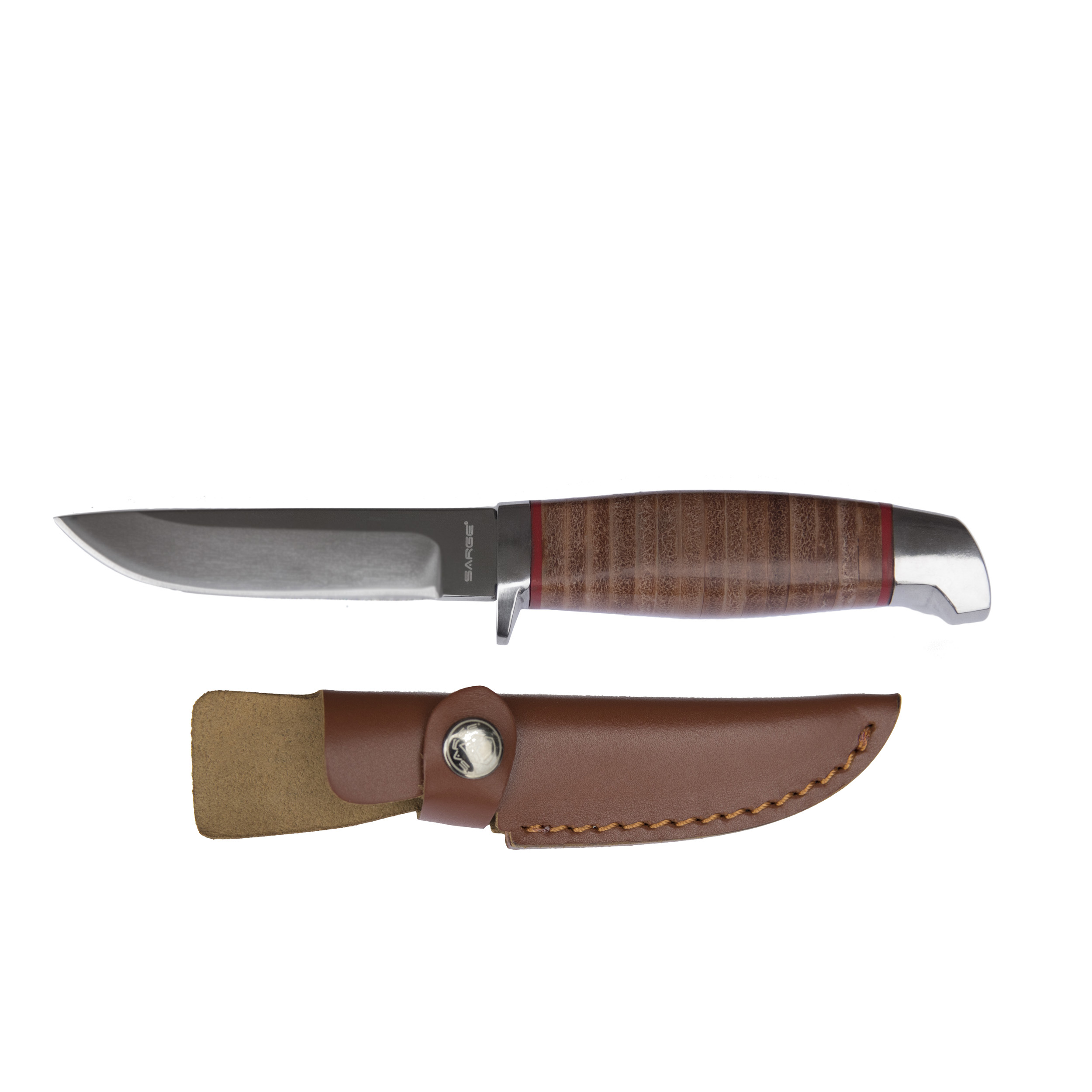 product: Sarge TK Retro - Stacked Leather Fixed Blade Knife, Stainless Steel 3-1/2