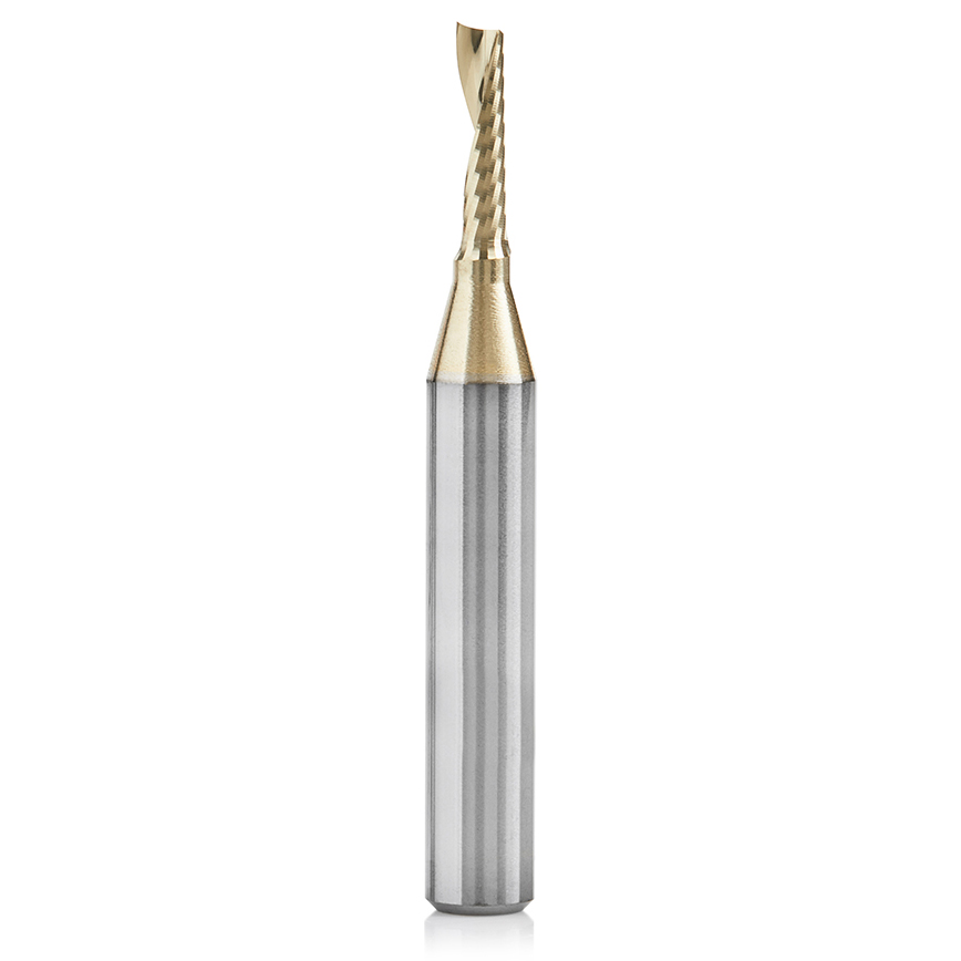 product: Amana Tool 51454-Z Spiral O Single Flute ZrN Coated Aluminum Cutting Up-Cut Mirror Finish Router Bit 1/8