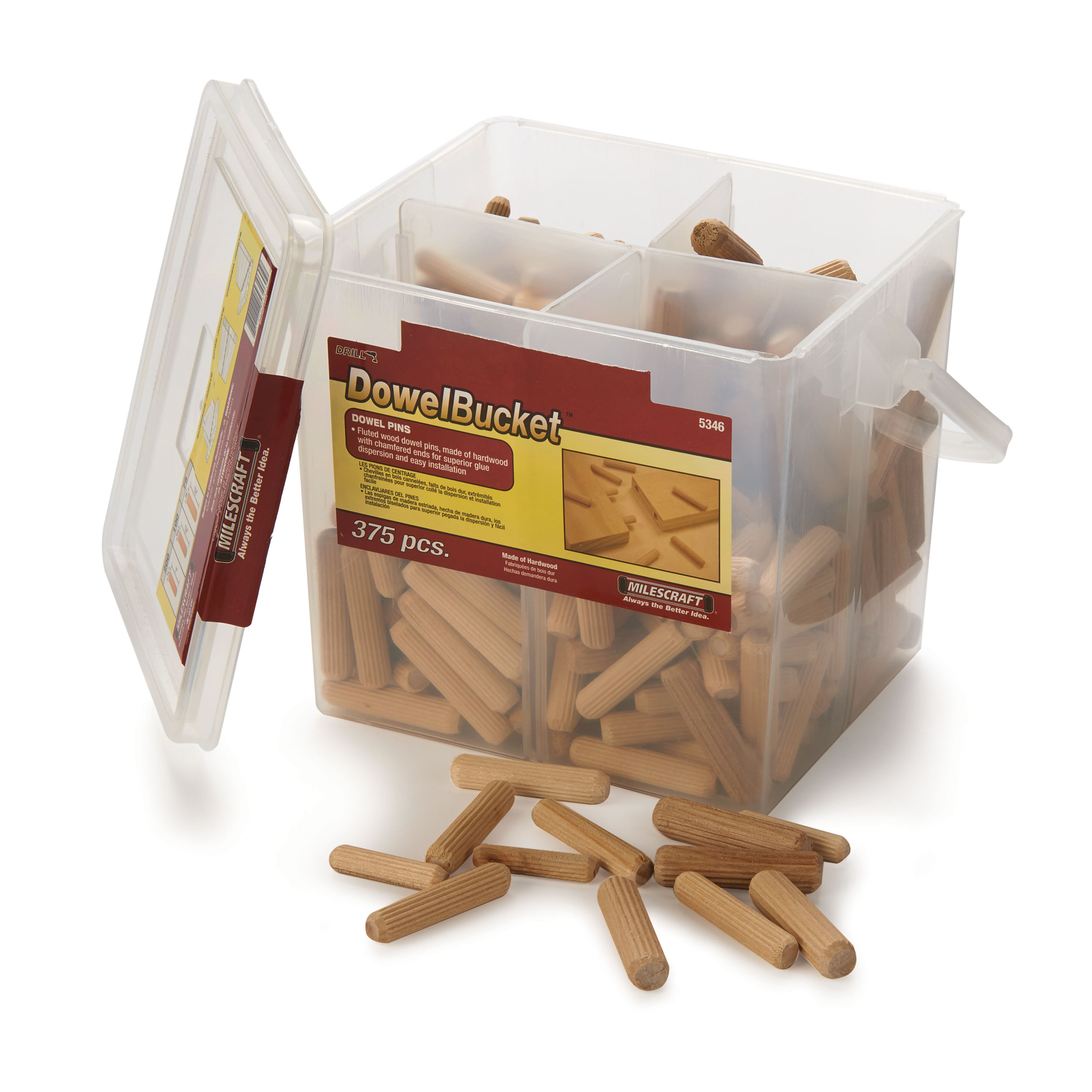 product: Milescraft DowelBucket - Fluted Wood Dowel Pins - 375 Piece shown