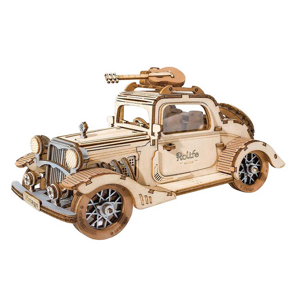 product: Robotime Vintage Car 3D Wooden Puzzle Kit shown