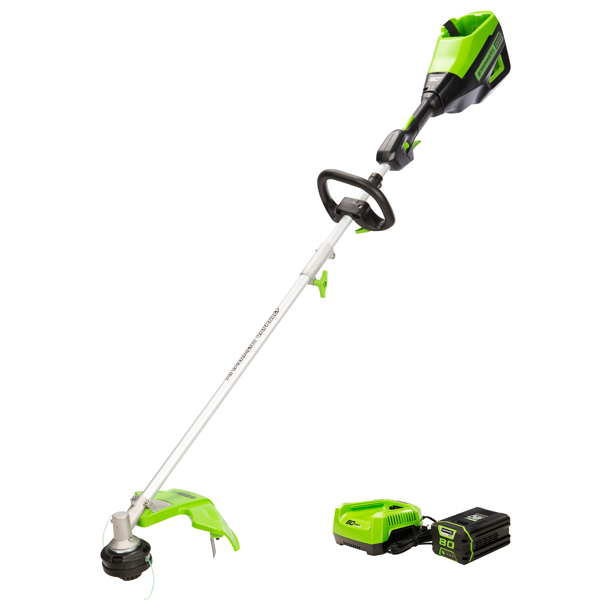 product: Greenworks Gen II Top Mount Attachment Capable String Trimmer with 2.5Ah Battery and 4A Rapid Charger shown