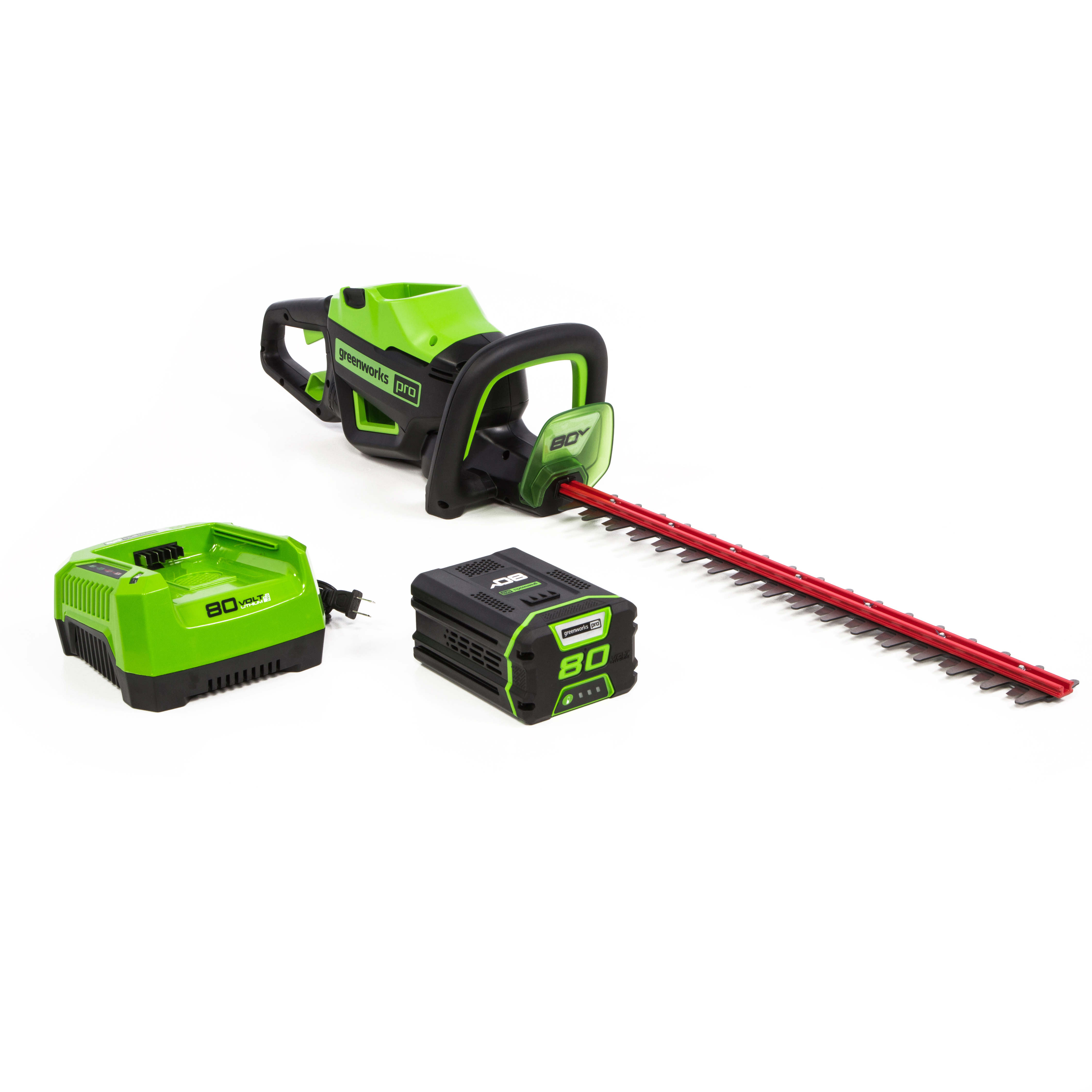 product: Greenworks 26” Hedge Trimmer 24V with 2.0Ah Battery and 4A Rapid Charger shown