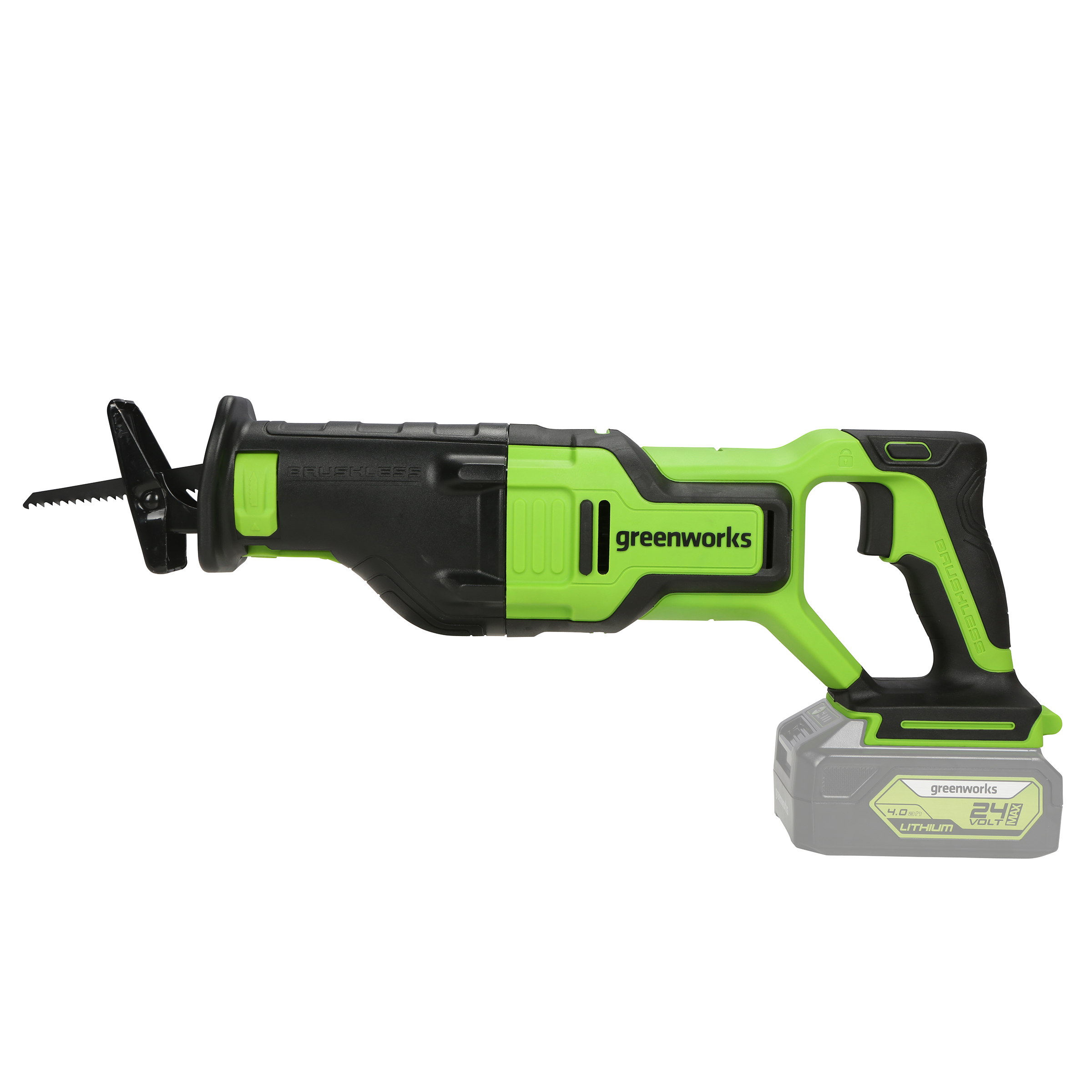 product: Greenworks 24V Brushless Reciprocating Saw RS24L00 shown