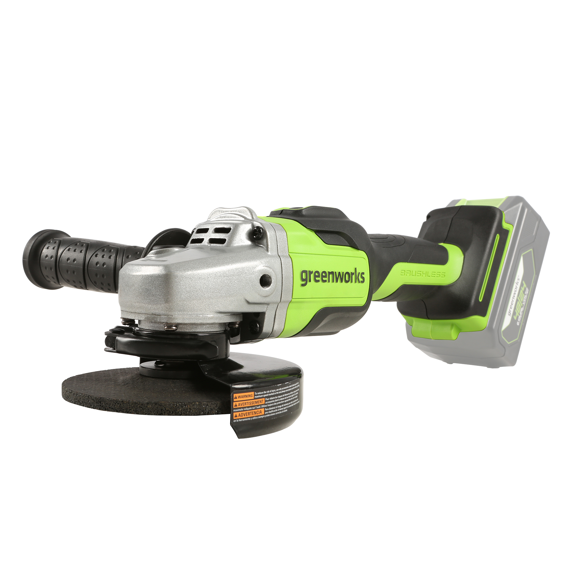 product: Greenworks 24V Brushless Angle Grinder AG24L00 shown