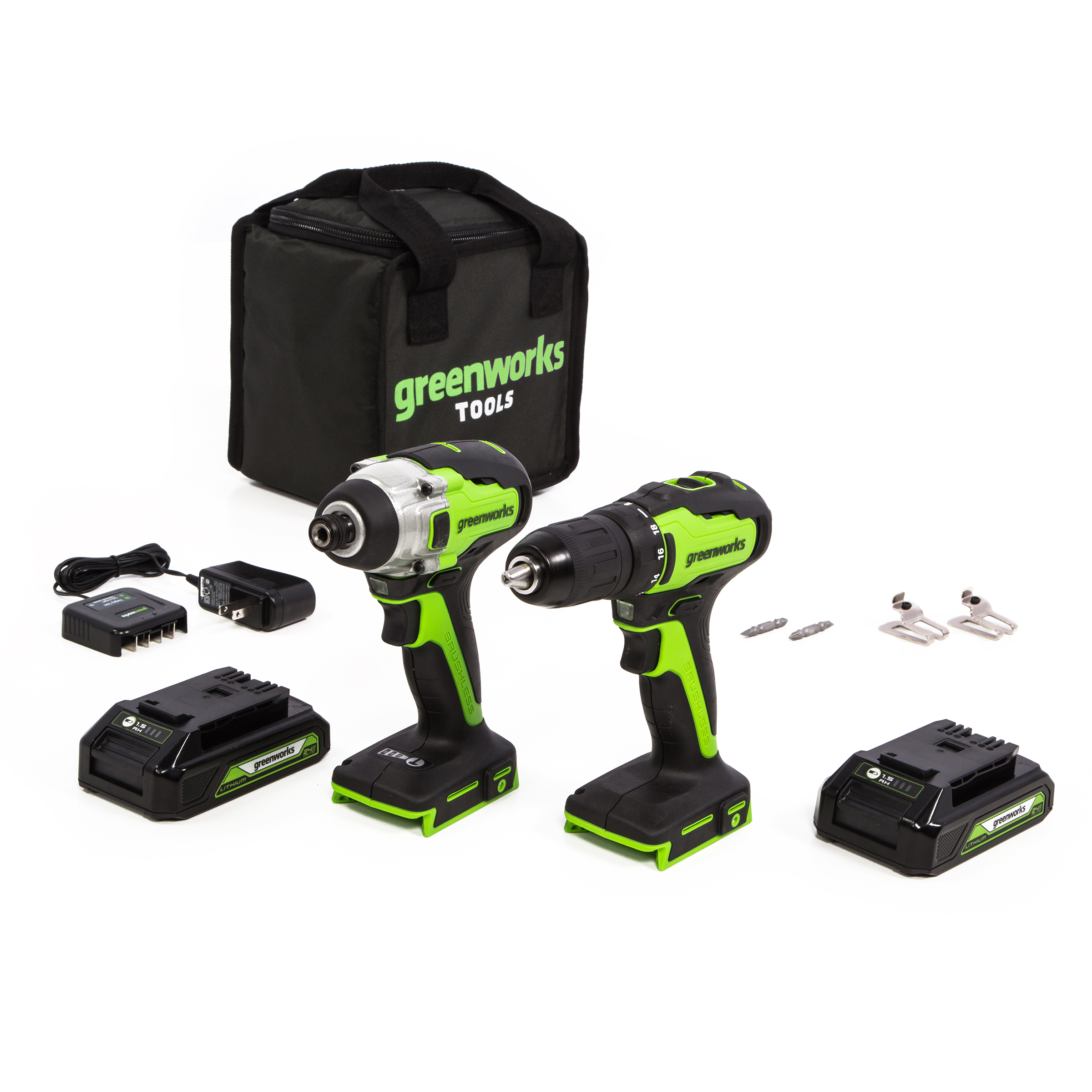 product: Greenworks GW 24V BL Drill / Impact Driver with Two 2AH Batteries and Charger shown