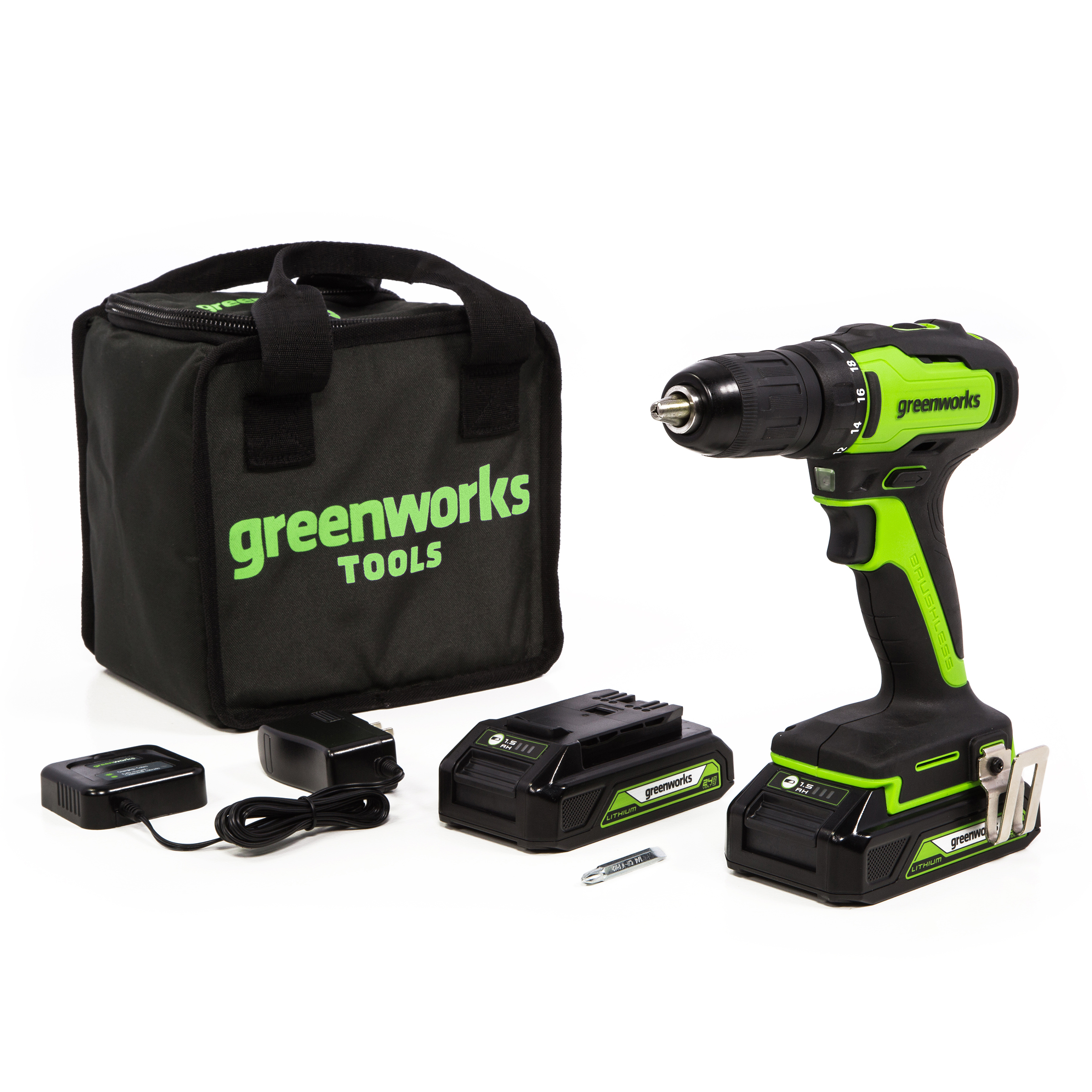 product: Greenworks GW 24V BL Drill Kit with Two 2AH Batteries and Charger shown