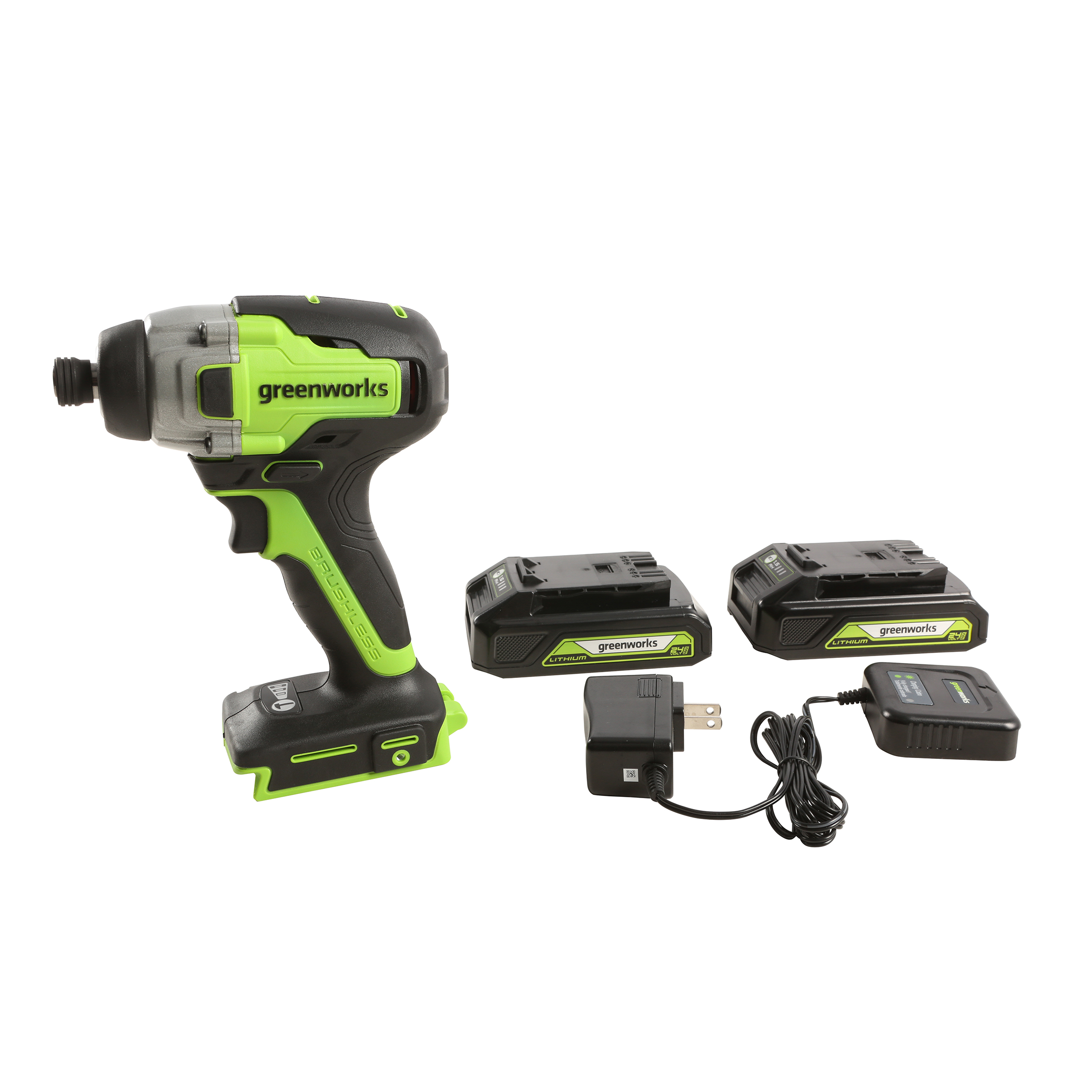 product: Greenworks GW 24V BL Impact Kit with Two 2AH Batteries and Charger shown