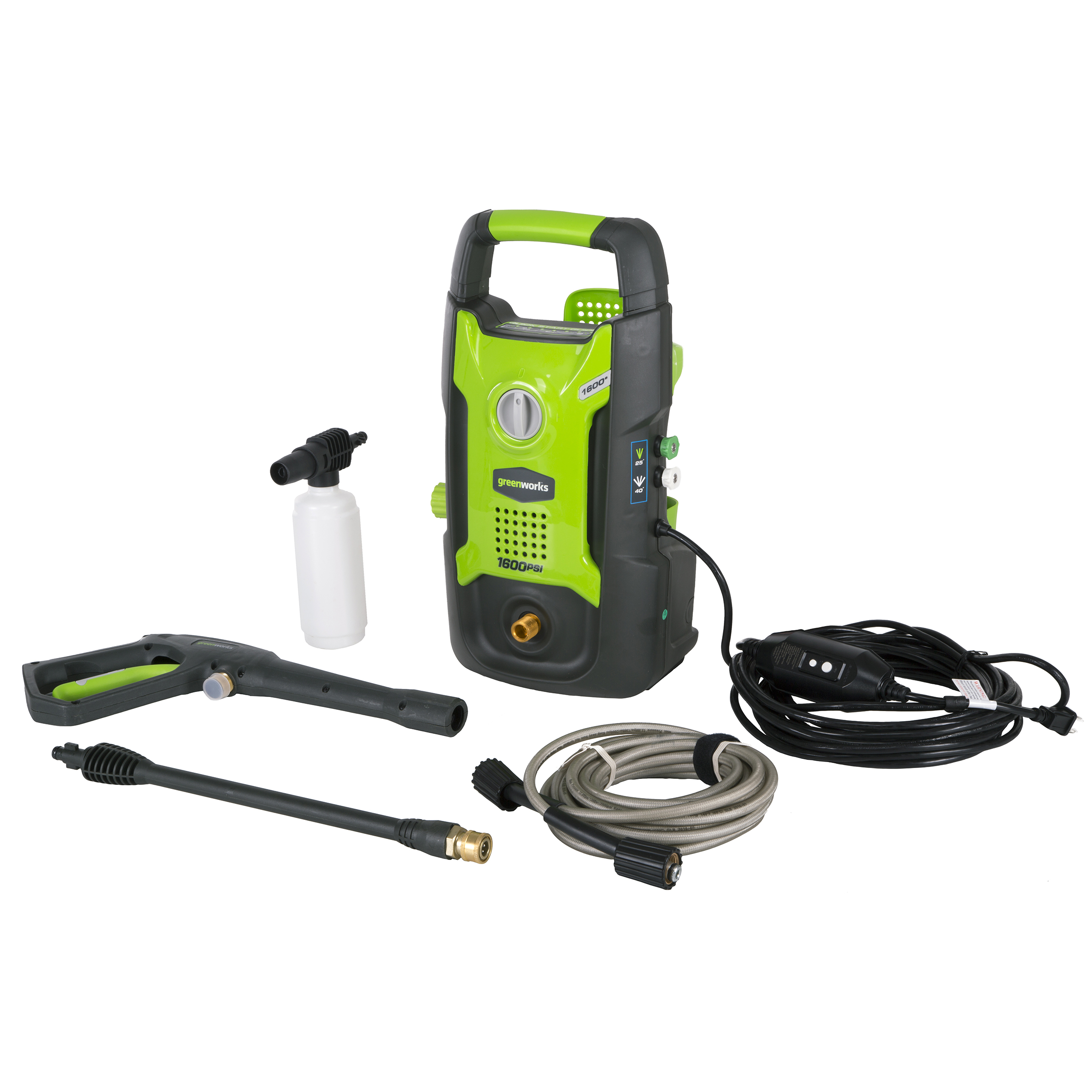 product: Greenworks 1600 PSI Vertical Pressure Washer shown