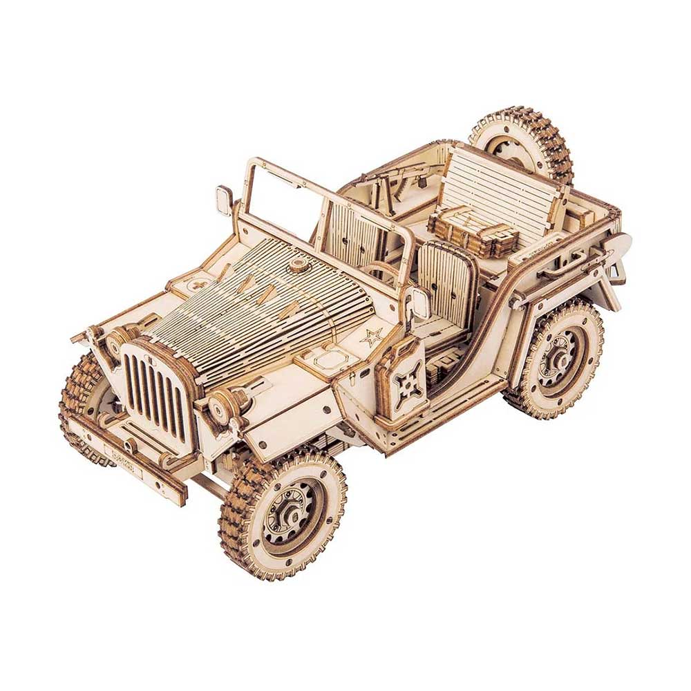 product: Robotime Army Field Car 3D Wooden Puzzle Kit shown