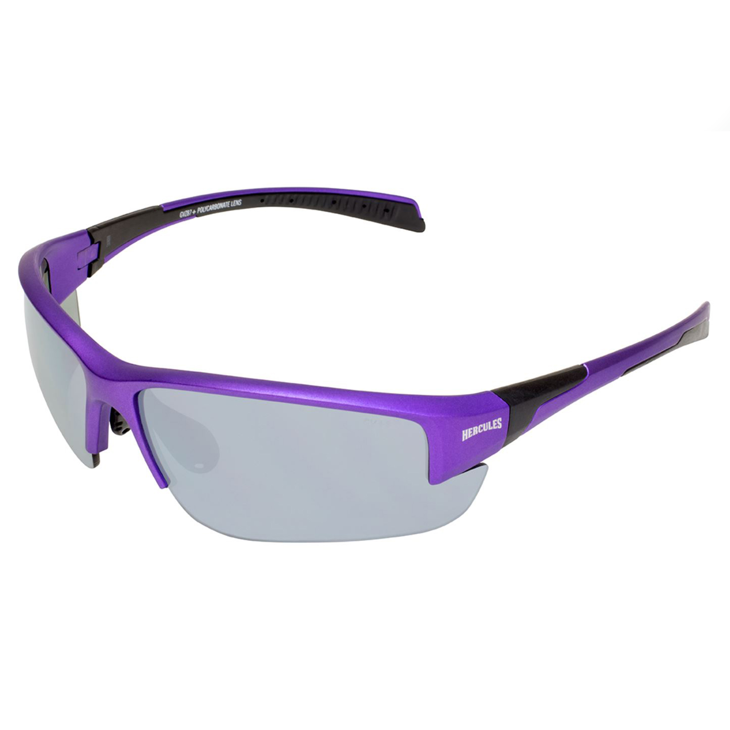 product: Global Vision Eyewear Hercules 7 Purple Metallic Frame Flash Mirror Safety Lenses shown