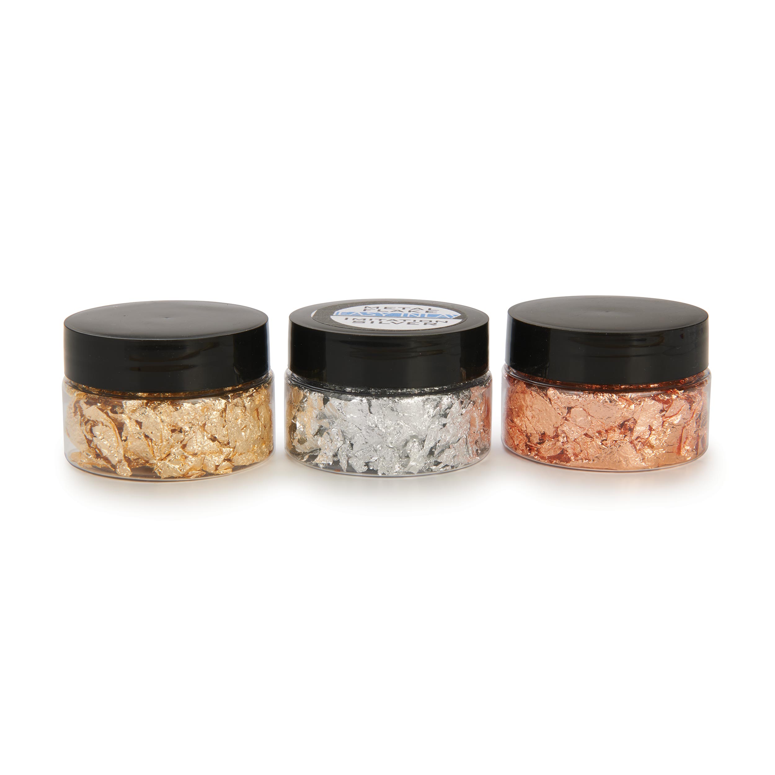 product: Easy Inlay Gold, Silver and Copper Metal Flake Inlay Material Starter Pack - 3 Piece - 2 oz shown