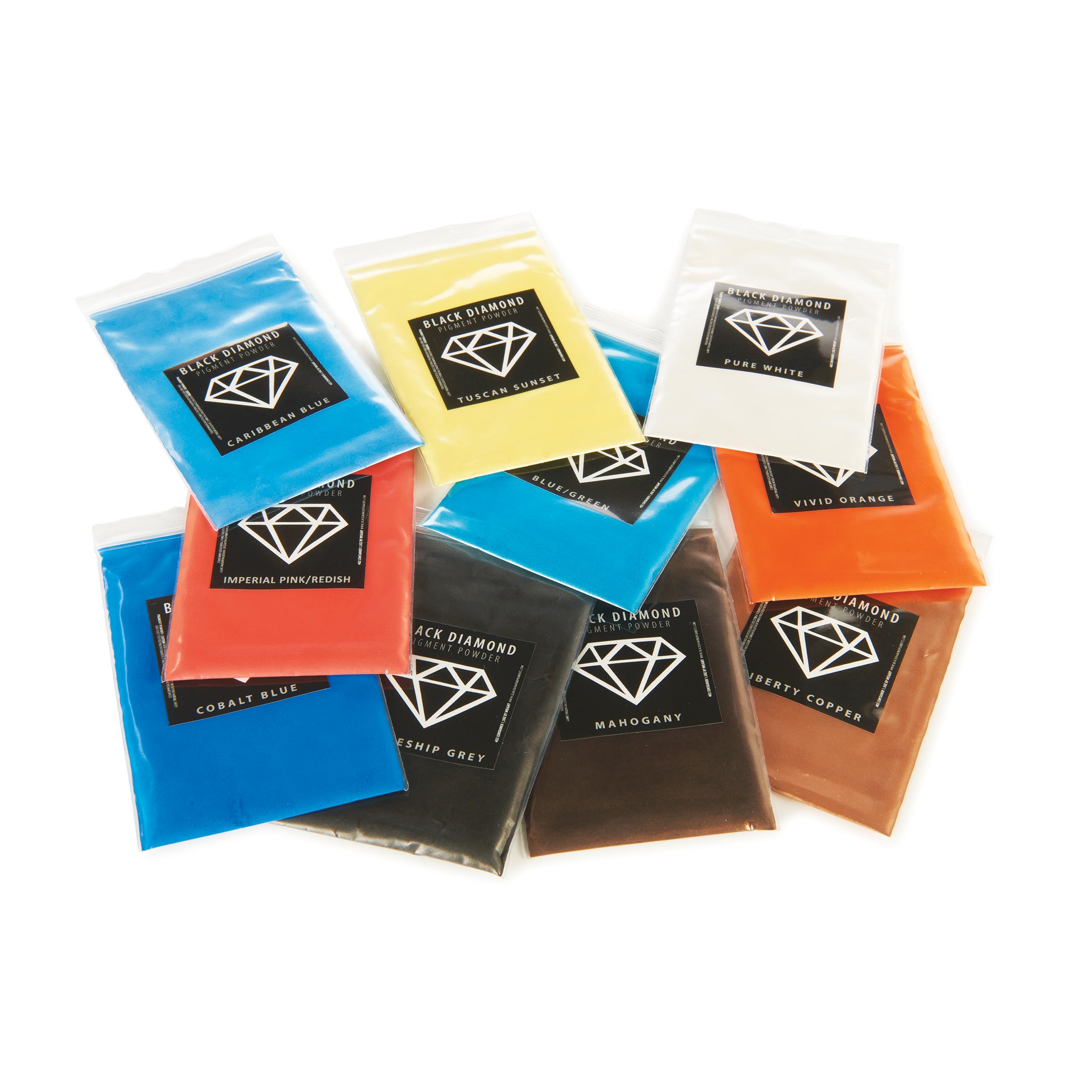 product: Black Diamond Pigments Mica Powder Variety Pack 1 - 10 Colors - 5 Grams Each shown