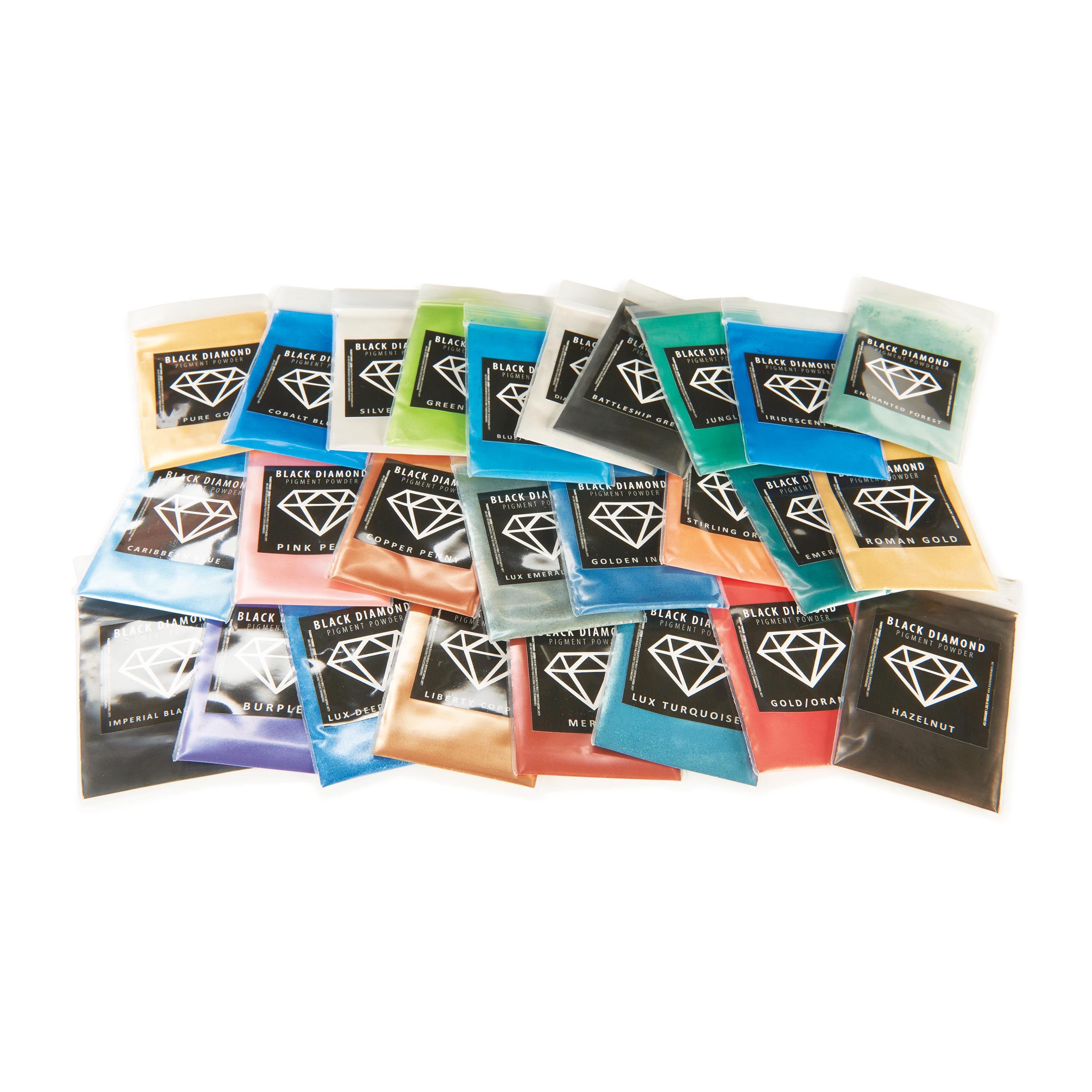 product: Black Diamond Pigments Mica Powder Variety Pack 26.2 - 26 Colors - 2 Grams Each shown