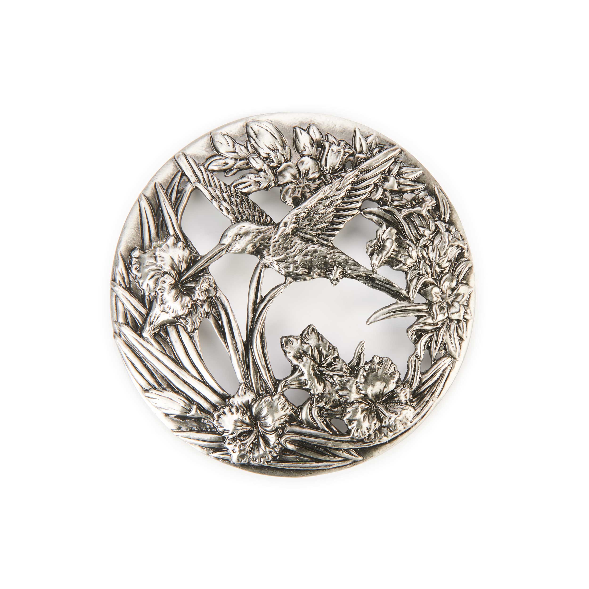 product: WoodRiver Filigree Bowl Lid - Hummingbird - Antique Pewter shown