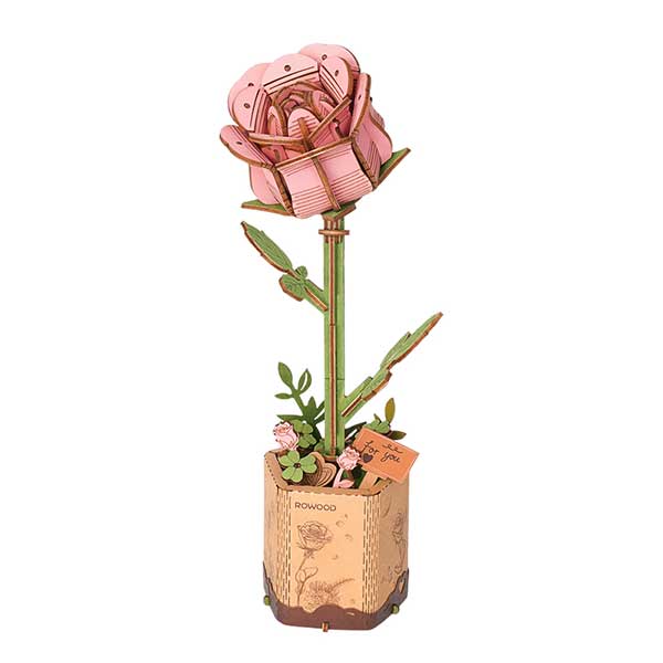 product: Rolife Pink Rose 3D Wood Puzzle Kit shown
