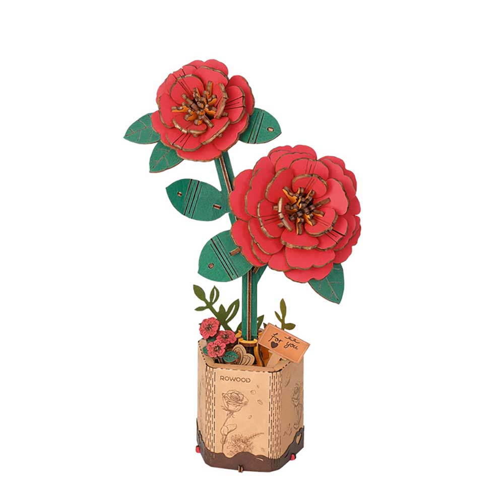 product: Rolife Red Camellia 3D Wood Puzzle Kit shown