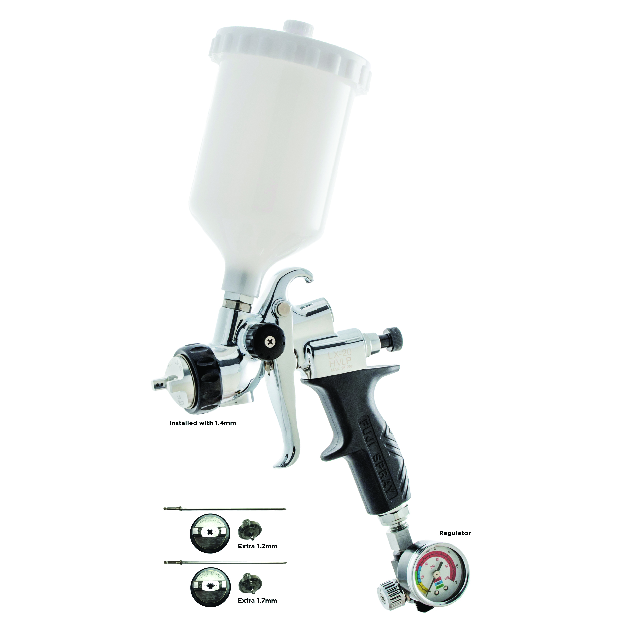product: Fuji Spray LX-20 Gravity - 1.4mm - 600cc Nylon Cup + Kit [Extra 1.2mm, 1.7mm] shown