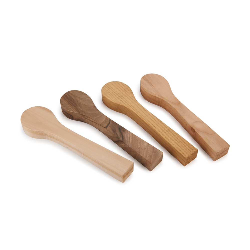 product: Beavercraft Mini Spoon Blank Set - Cherry, Basswood, Mulberry and Walnut - 4 Piece shown