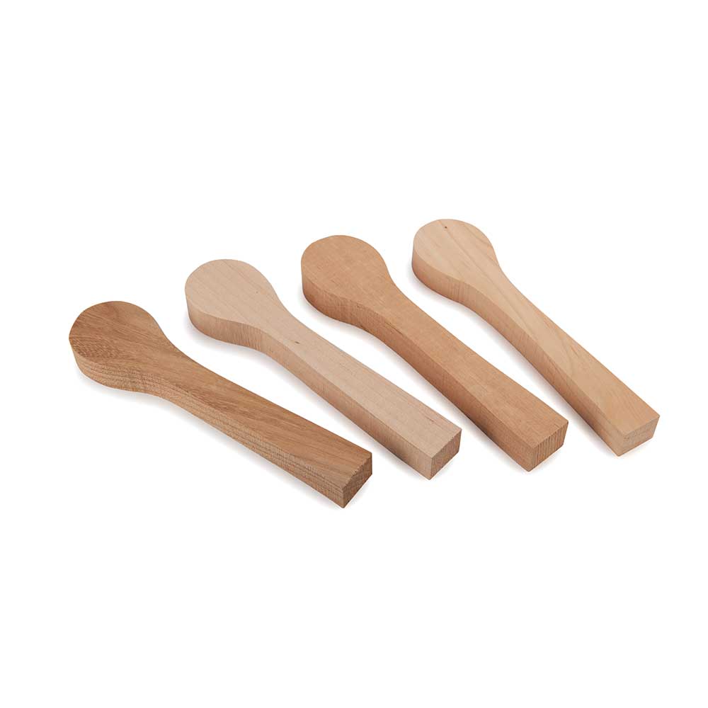 product: Beavercraft Mini Spoon Blank Set - Elm, European Walnut, Maple and Alder - 4 Piece shown