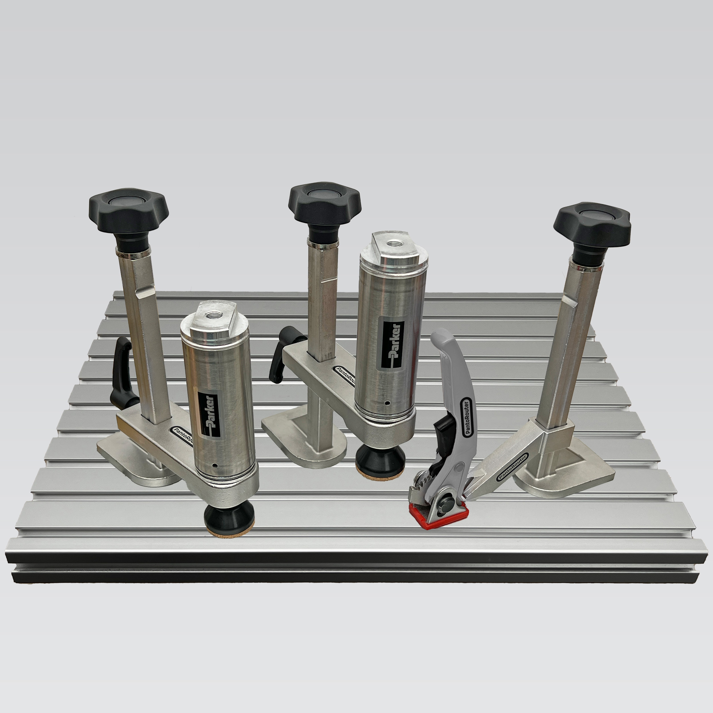 product: PantoRouter Super Deluxe Clamp Pack - Two Air & One Lever with Stiffeners CSF & Air Control shown