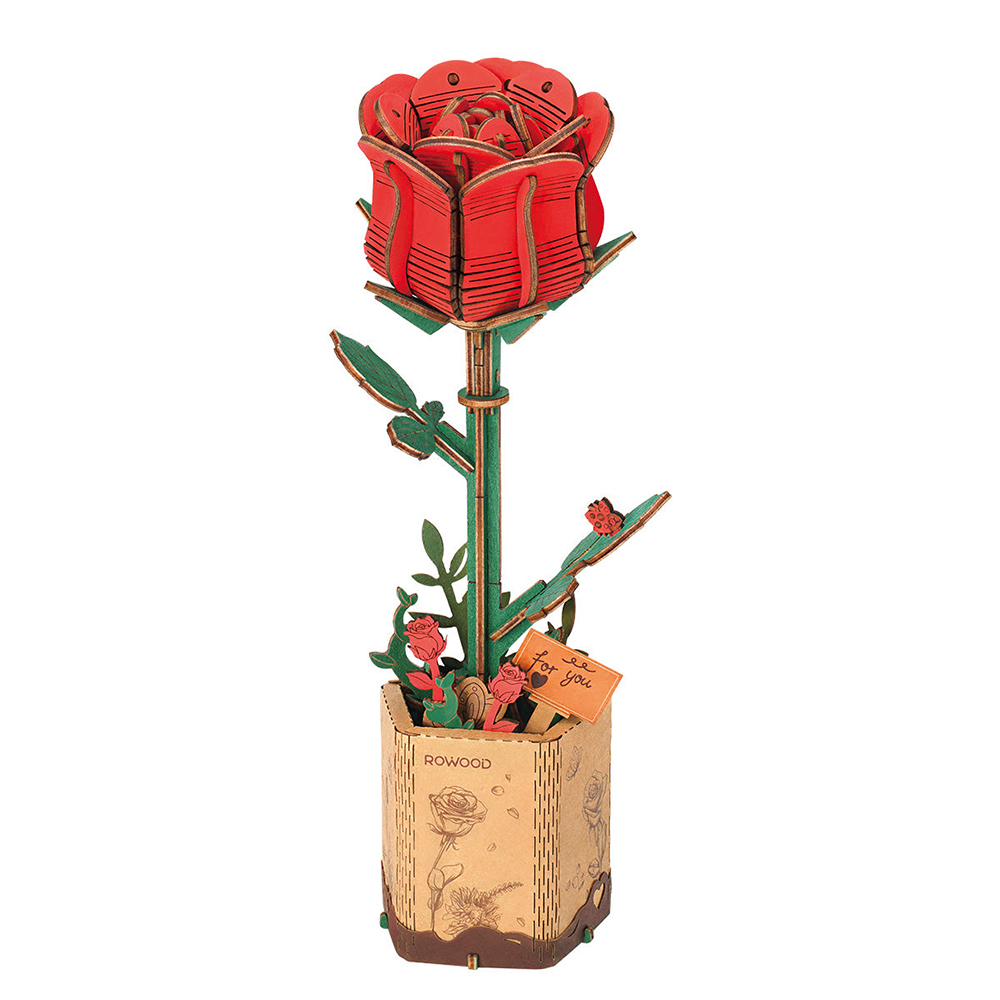 product: Rolife Red Rose 3D Wooden Flower Model Kit shown