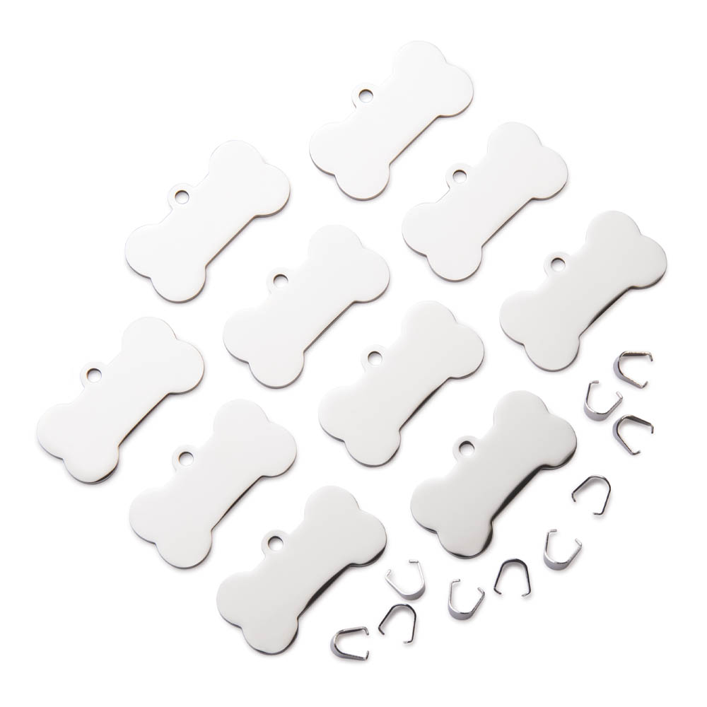 product: xTool Engravable Bone Shaped Dog Tags - Stainless Steel - 10 Piece shown