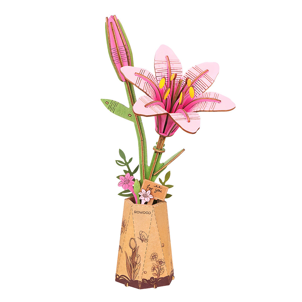 product: Rolife Pink Lily 3D Wooden Flower Model Kit shown