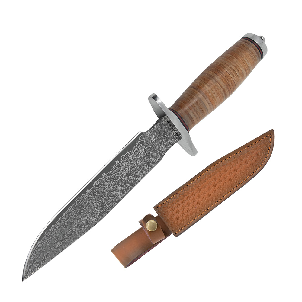 product: Sarge Honor - Damascus Stacked Leather Survival Knife shown