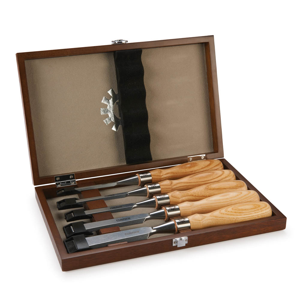 product: Narex Richter Beveled Edge Chisel Set with Wood Box - 5 Piece shown