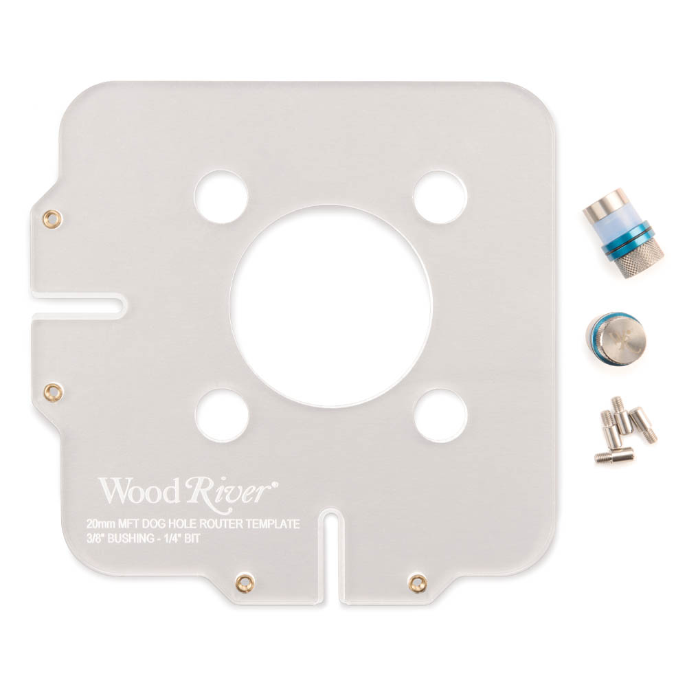 product: WoodRiver MFT Dog Hole Router Template - 20 mm shown