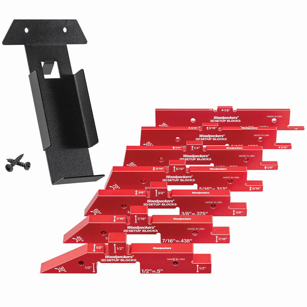 product: Woodpeckers 3D Setup Blocks with Rack-It - 7 Piece Set shown