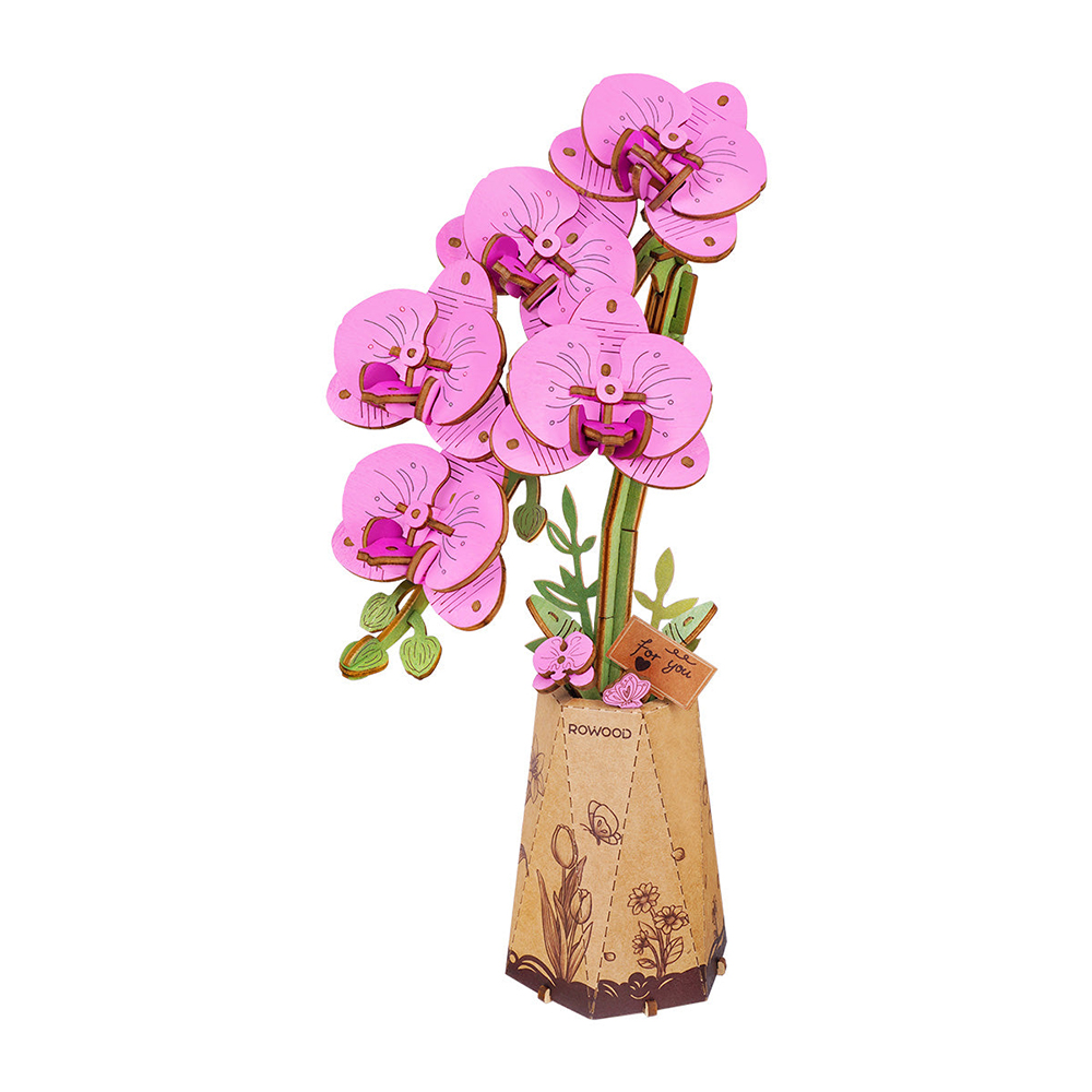 product: Rolife Purple Moth Orchid 3D Wooden Flower Model Kit shown