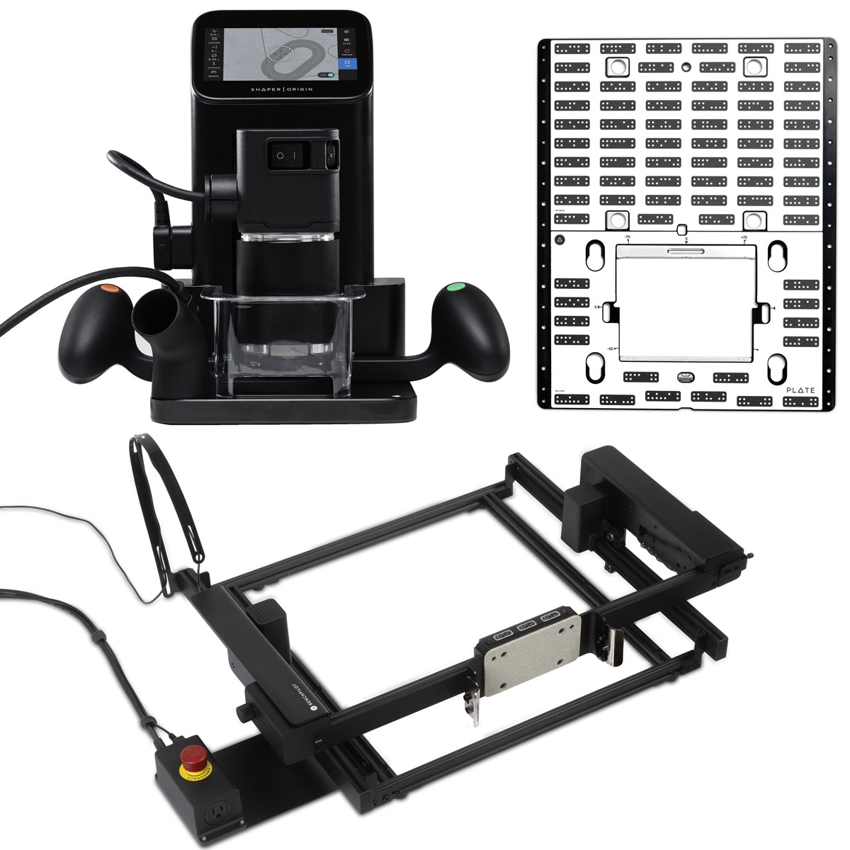 product: Shaper Origin Handheld CNC Router with Shaper Plate and BenchPilot Package shown